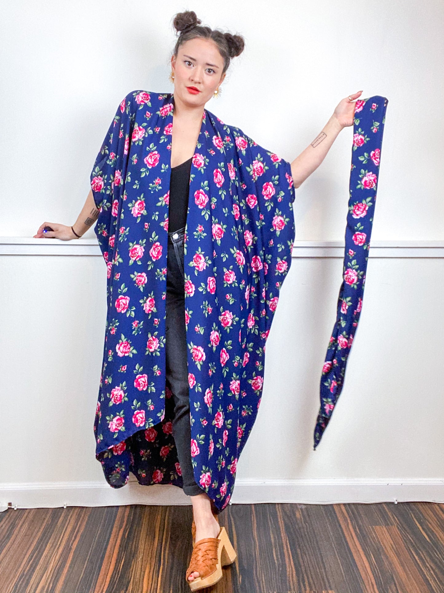 Print High Low Kimono Navy Pink Rose Satin