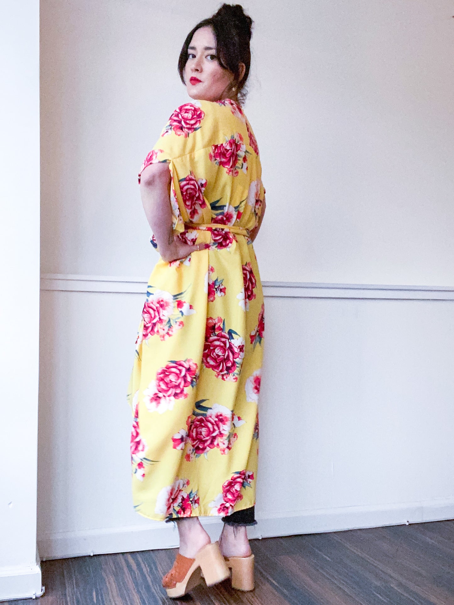 Print High Low Kimono Yellow Red Rose Floral Rayon Challis