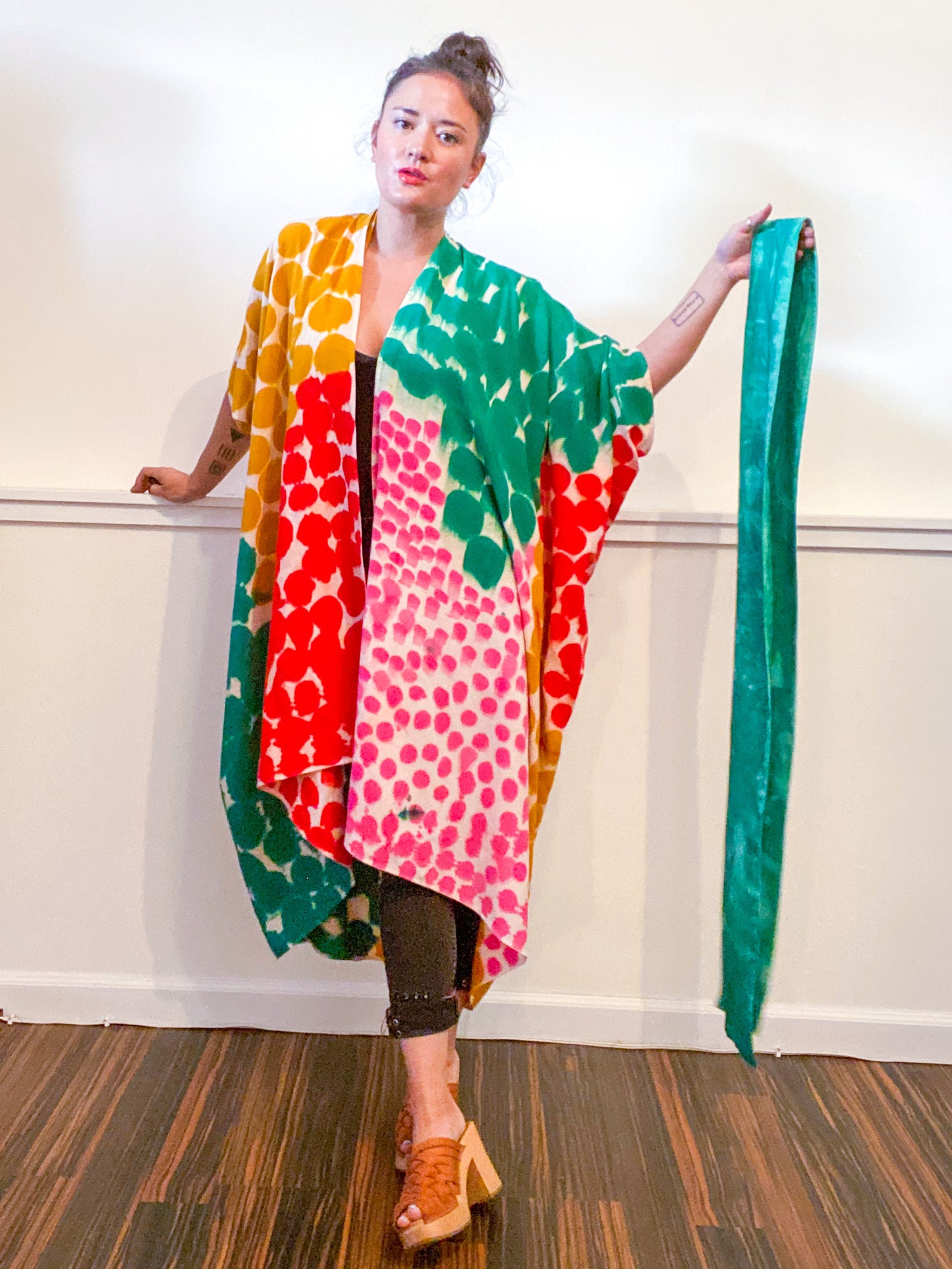 Limited Edition Hand-Dyed High Low Kimono Emerald Scarlet Pink Marigold