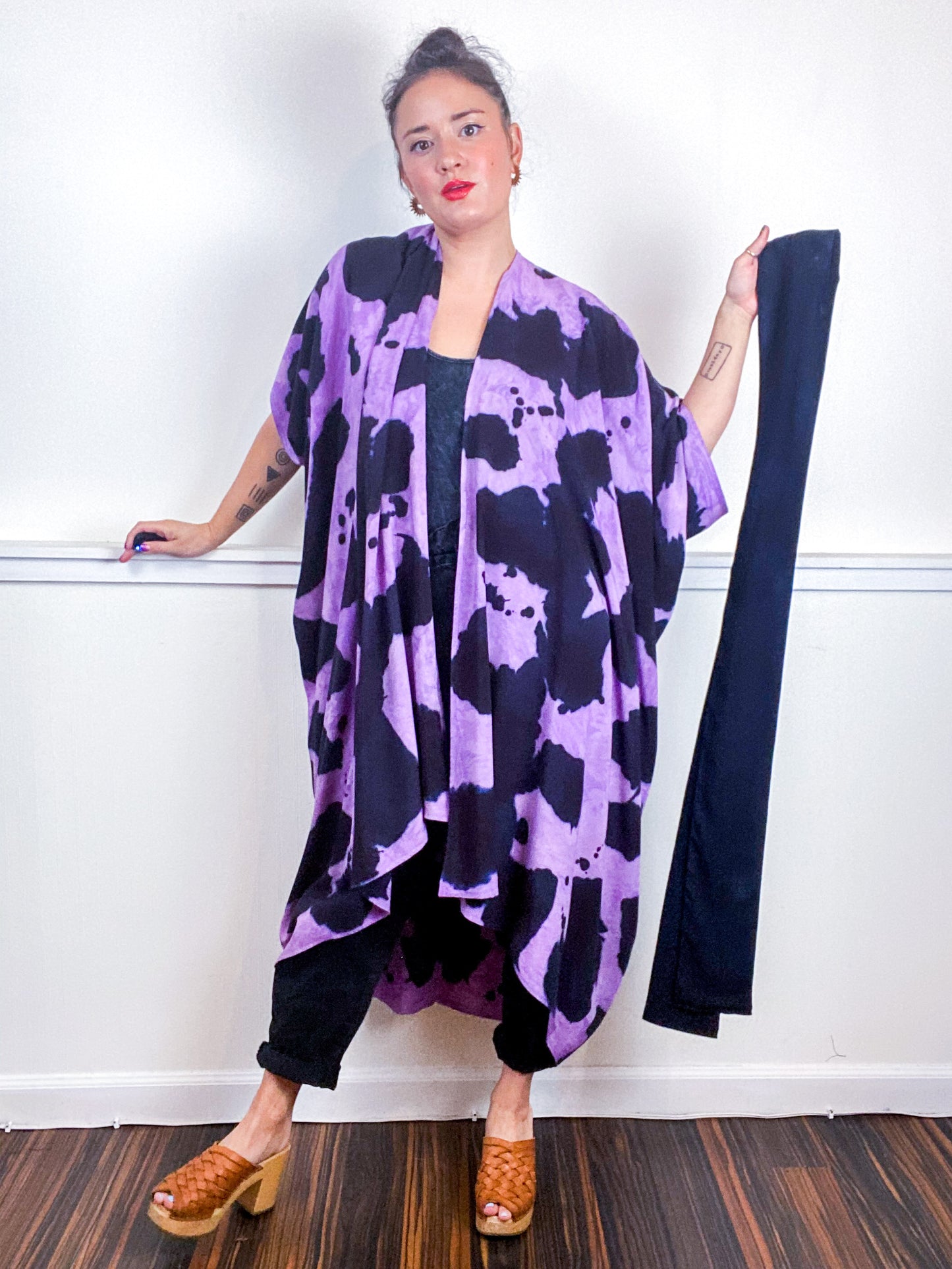 OOAK Hand-Dyed High Low Kimono Orchid Raven Inkblot