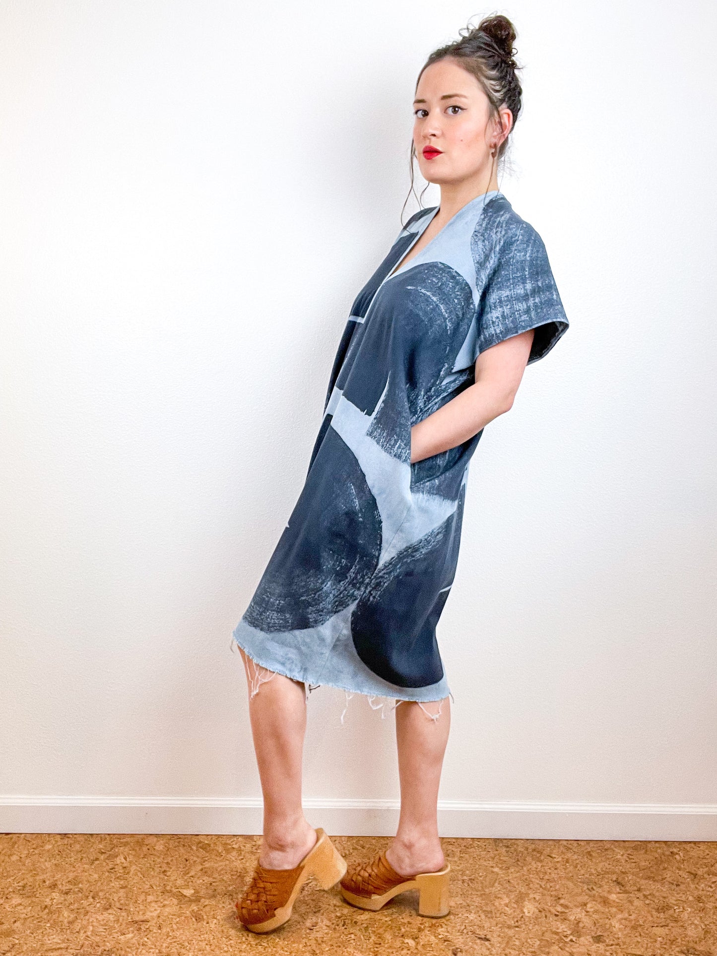 Denim Smock Dress Hand-Dyed Brushstrokes
