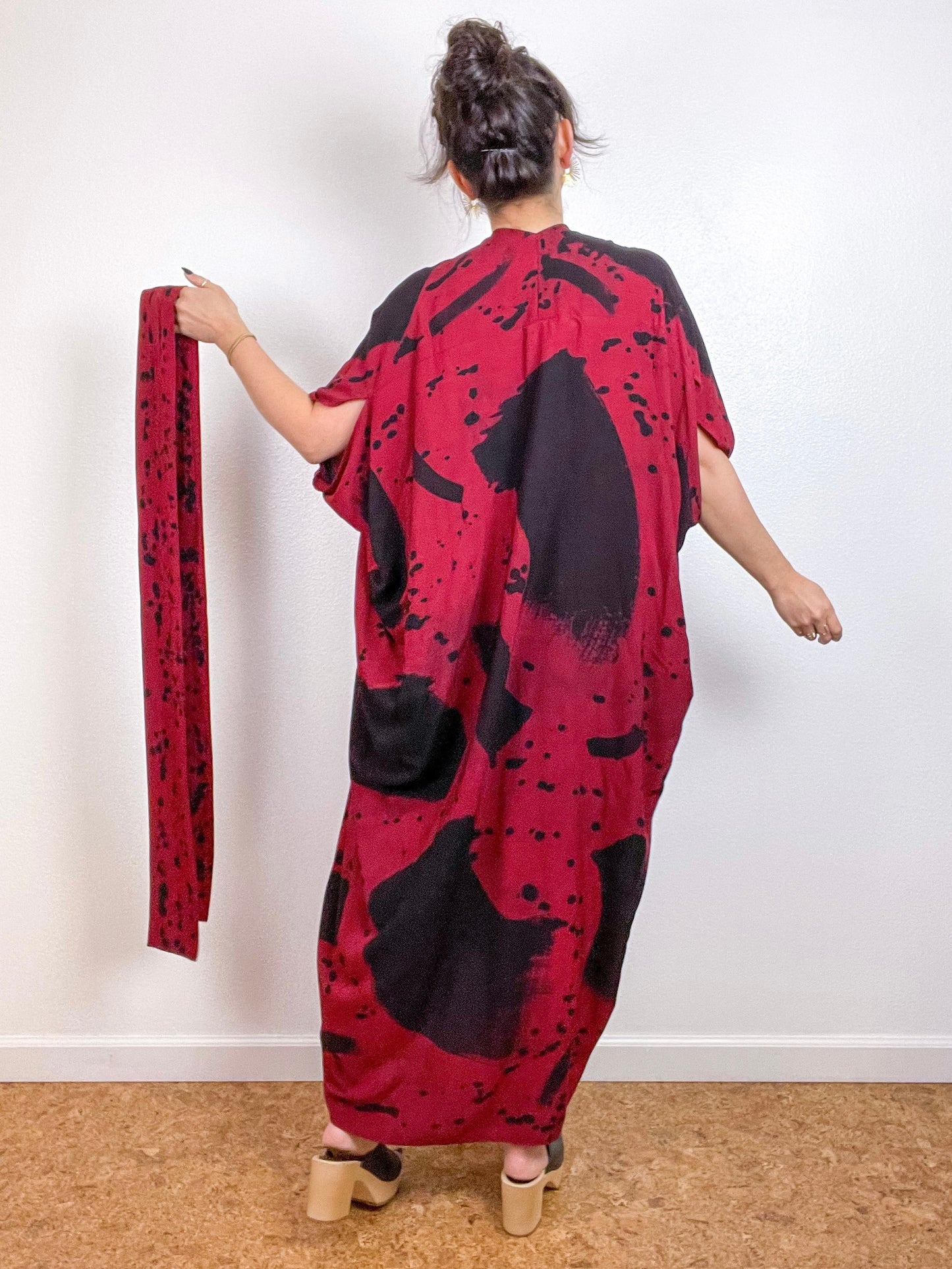 Hand-Dyed High Low Kimono Crimson Black Confetti