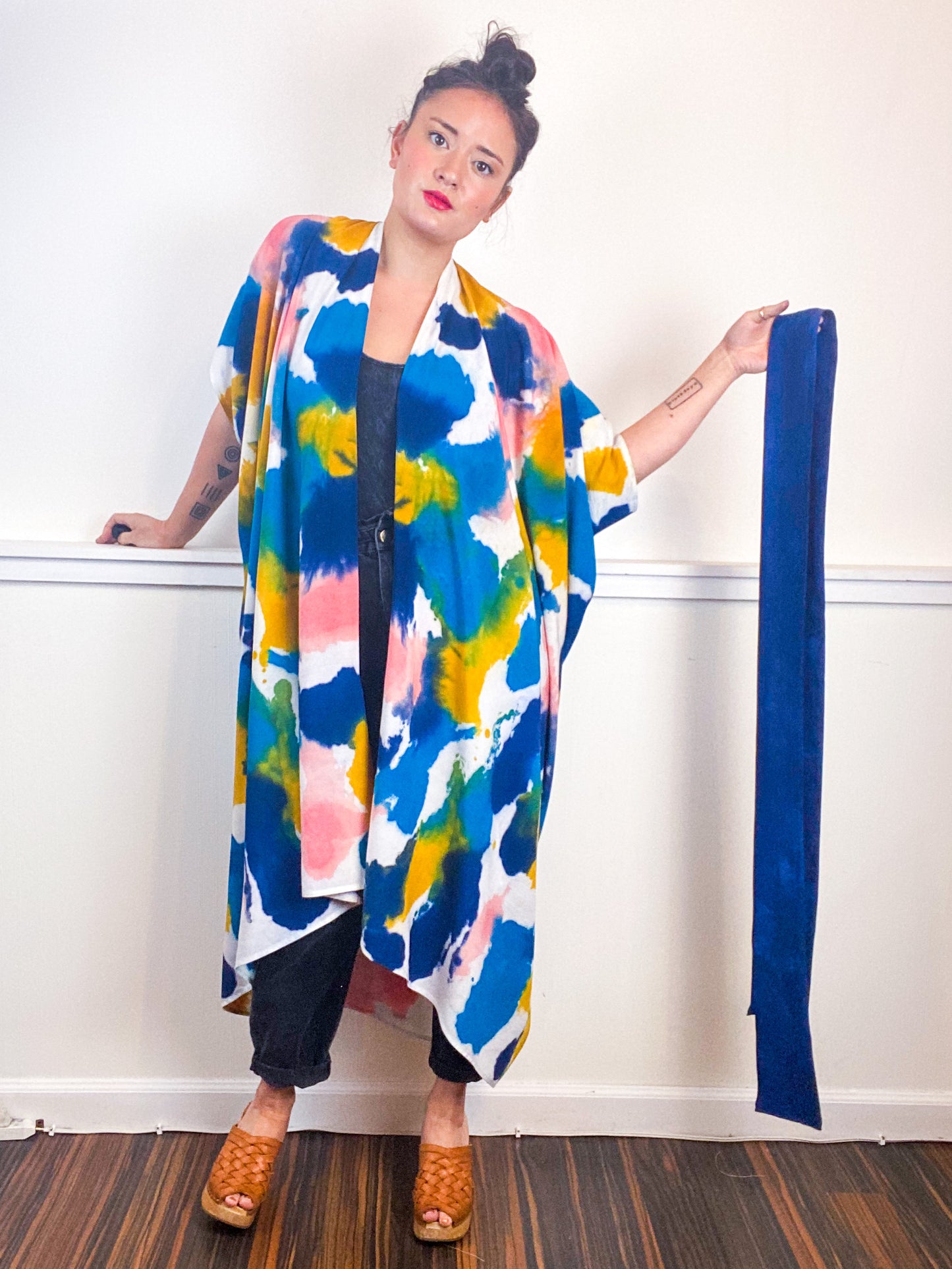 OOAK Hand-Dyed High Low Kimono Marigold Kingfisher Indigo Coral Inkblot