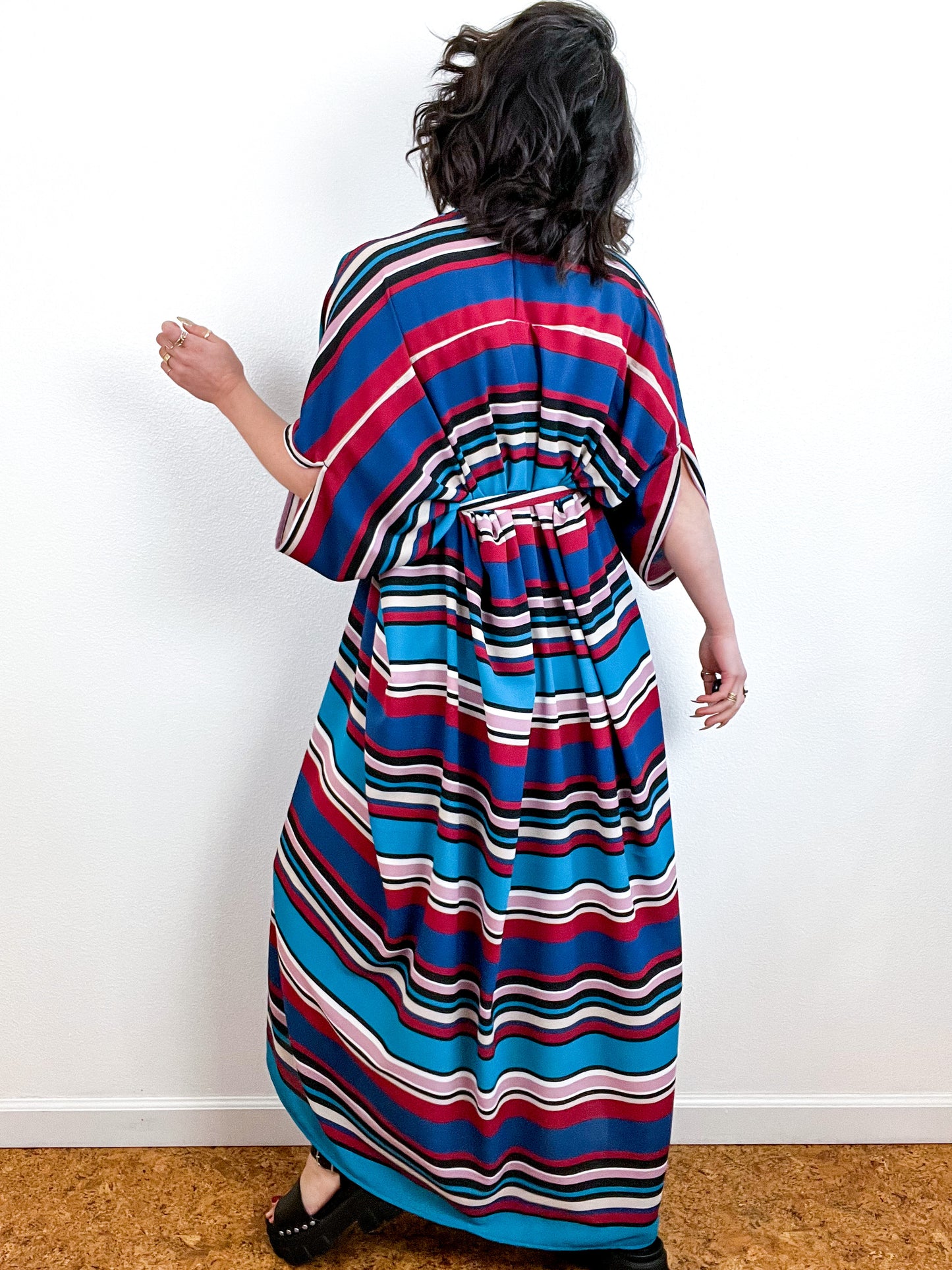 Print High Low Kimono Turquoise Maroon Stripe Bubble Crepe