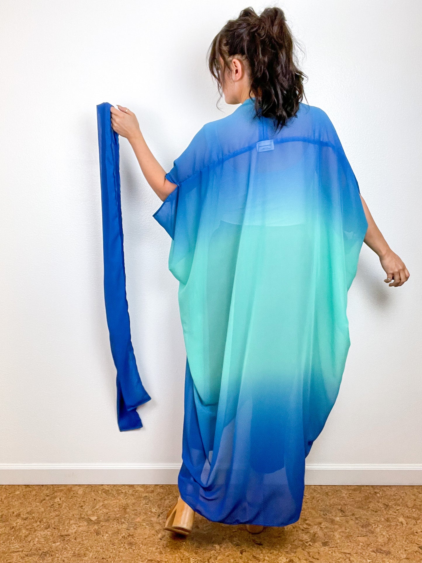 Print High Low Kimono Turquoise Ombré Chiffon