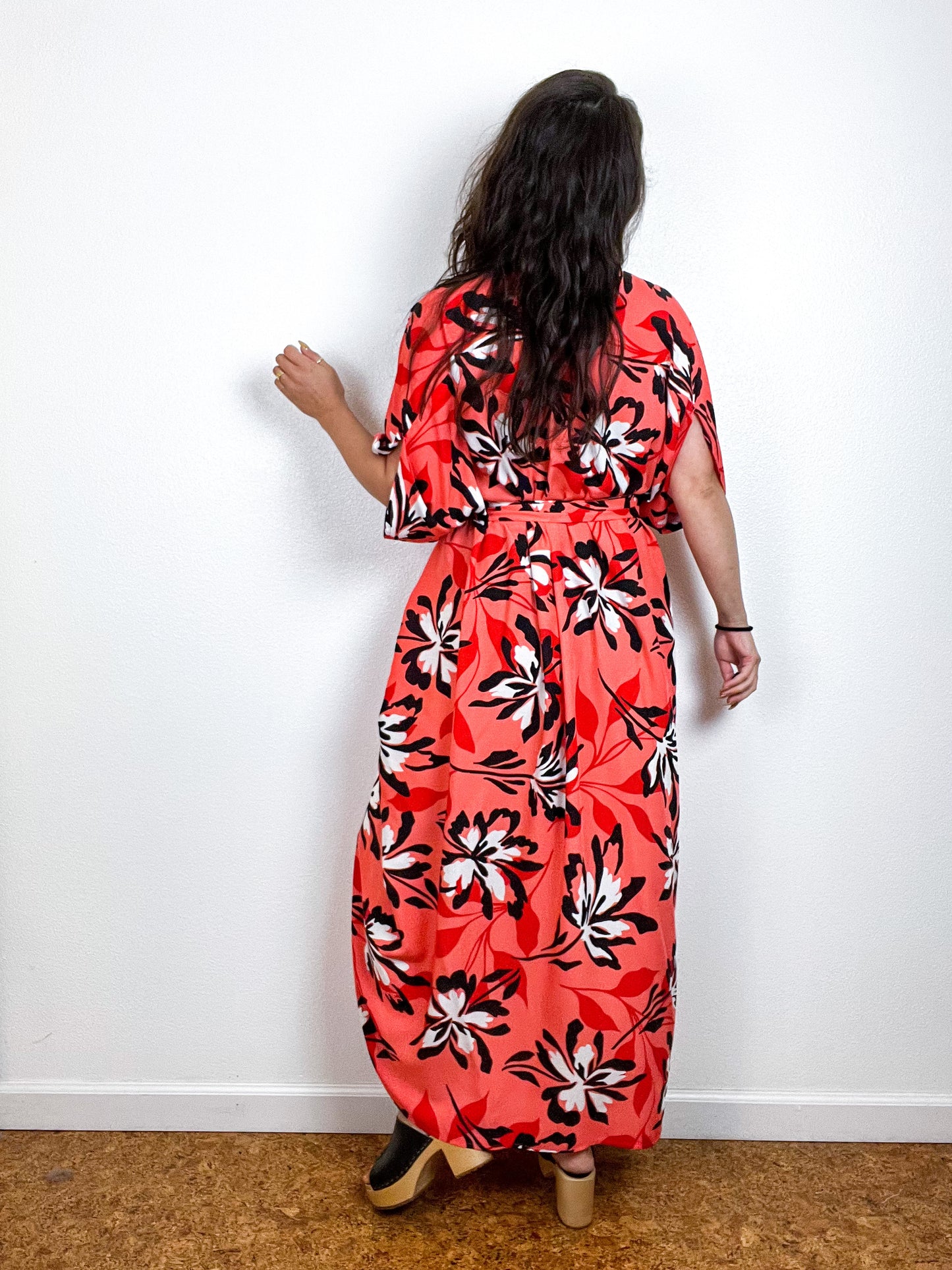 Print High Low Kimono Coral Tropical Challis