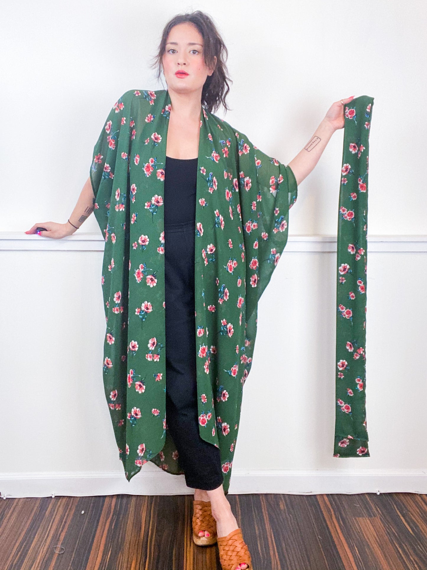 Print High Low Kimono Green Floral Georgette