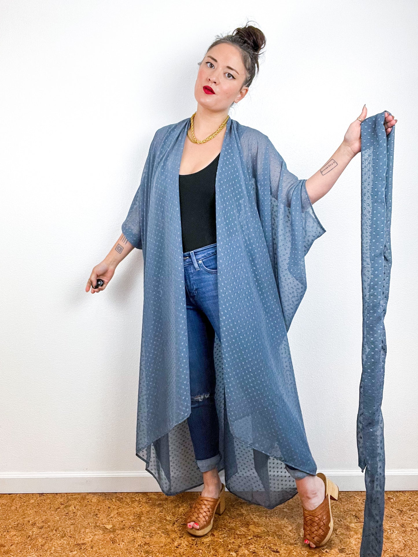 Solid High Low Kimono Slate Grey Swiss Dot Chiffon