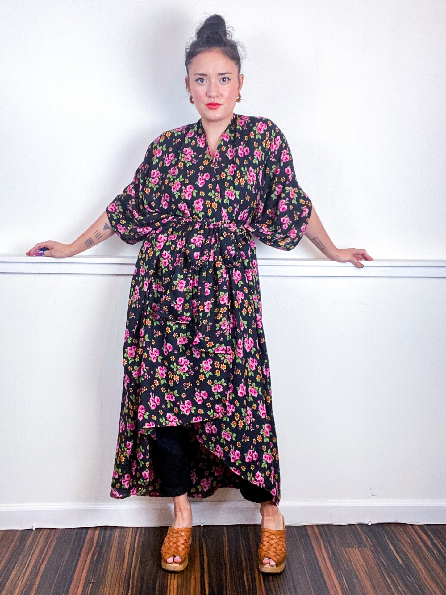 Print High Low Kimono Aqua Pink Green Black Floral Georgette