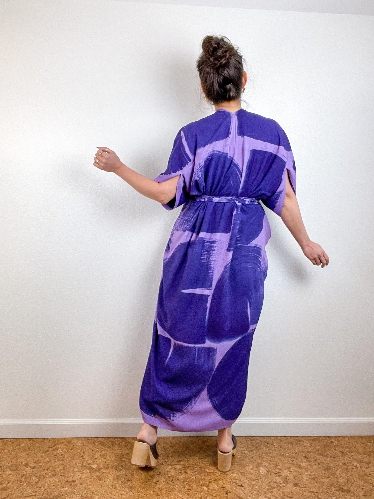 Hand-Dyed High Low Kimono Lilac Navy Brushstroke