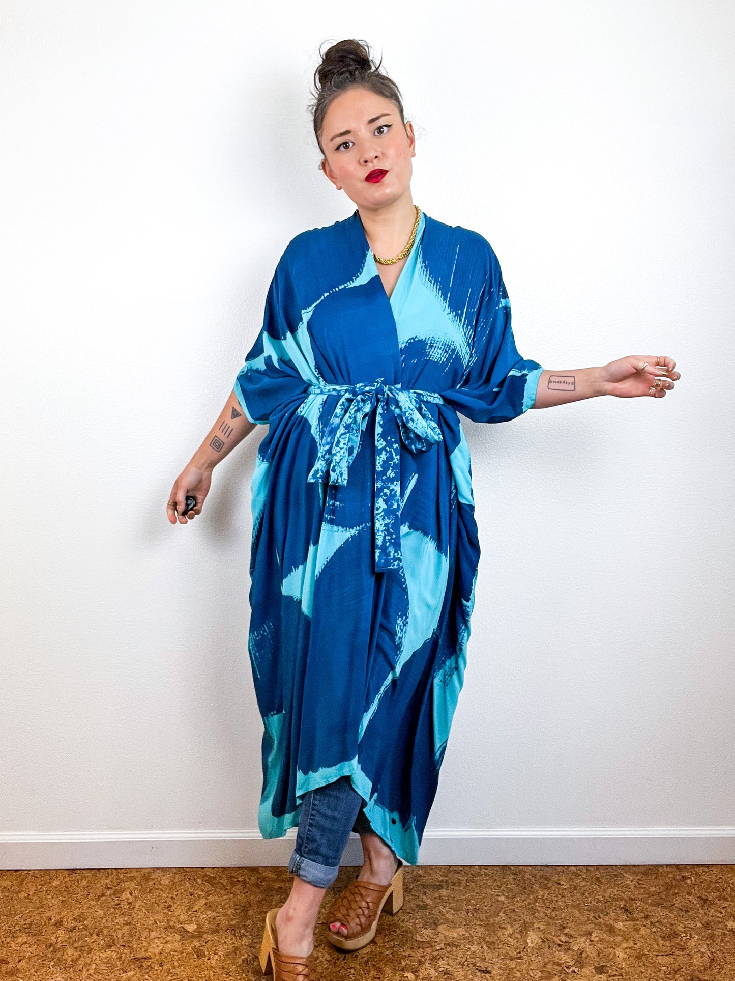 Hand-Dyed High Low Kimono Aqua Indigo Brushstroke