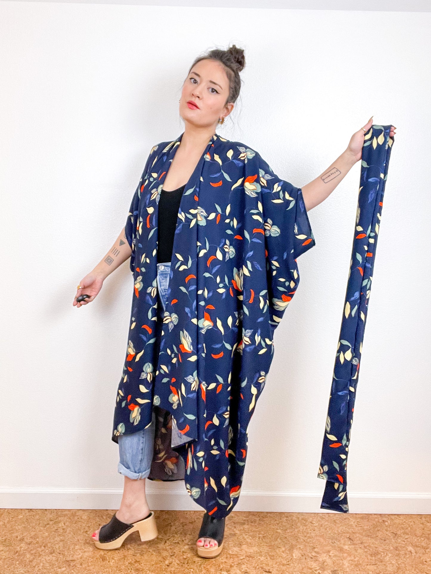 High Low Kimono Navy Orange Magnolias Rayon Challis