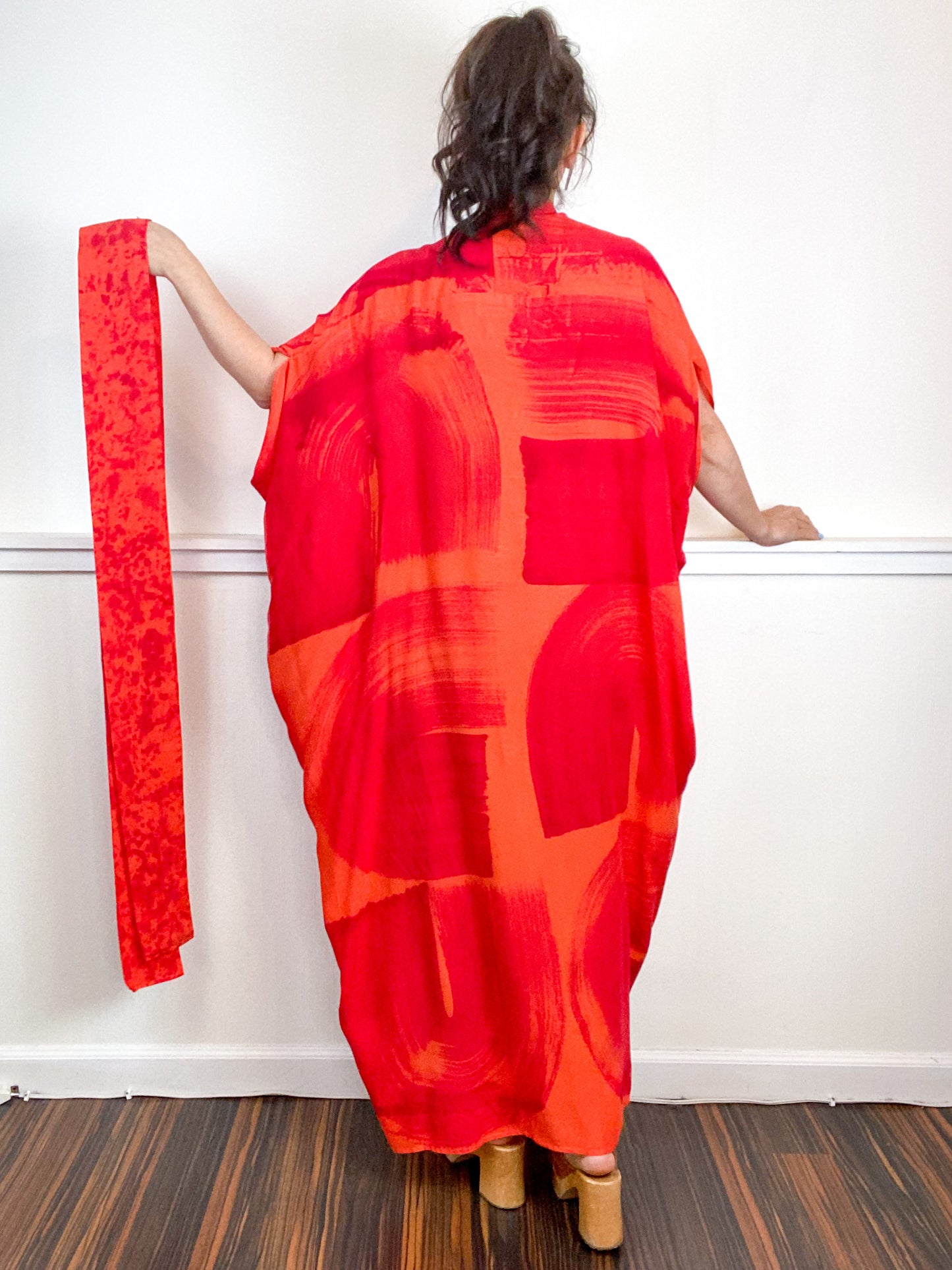 Hand-Dyed High Low Kimono Tangerine Fuchsia Brushstroke
