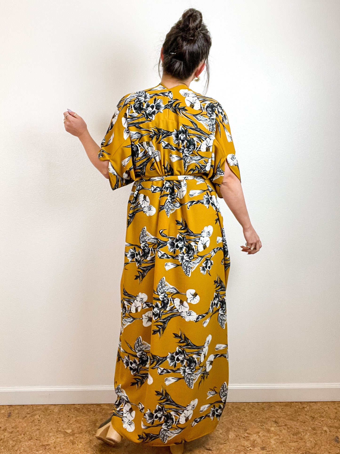 High Low Kimono Marigold Orchid Bubble Crepe