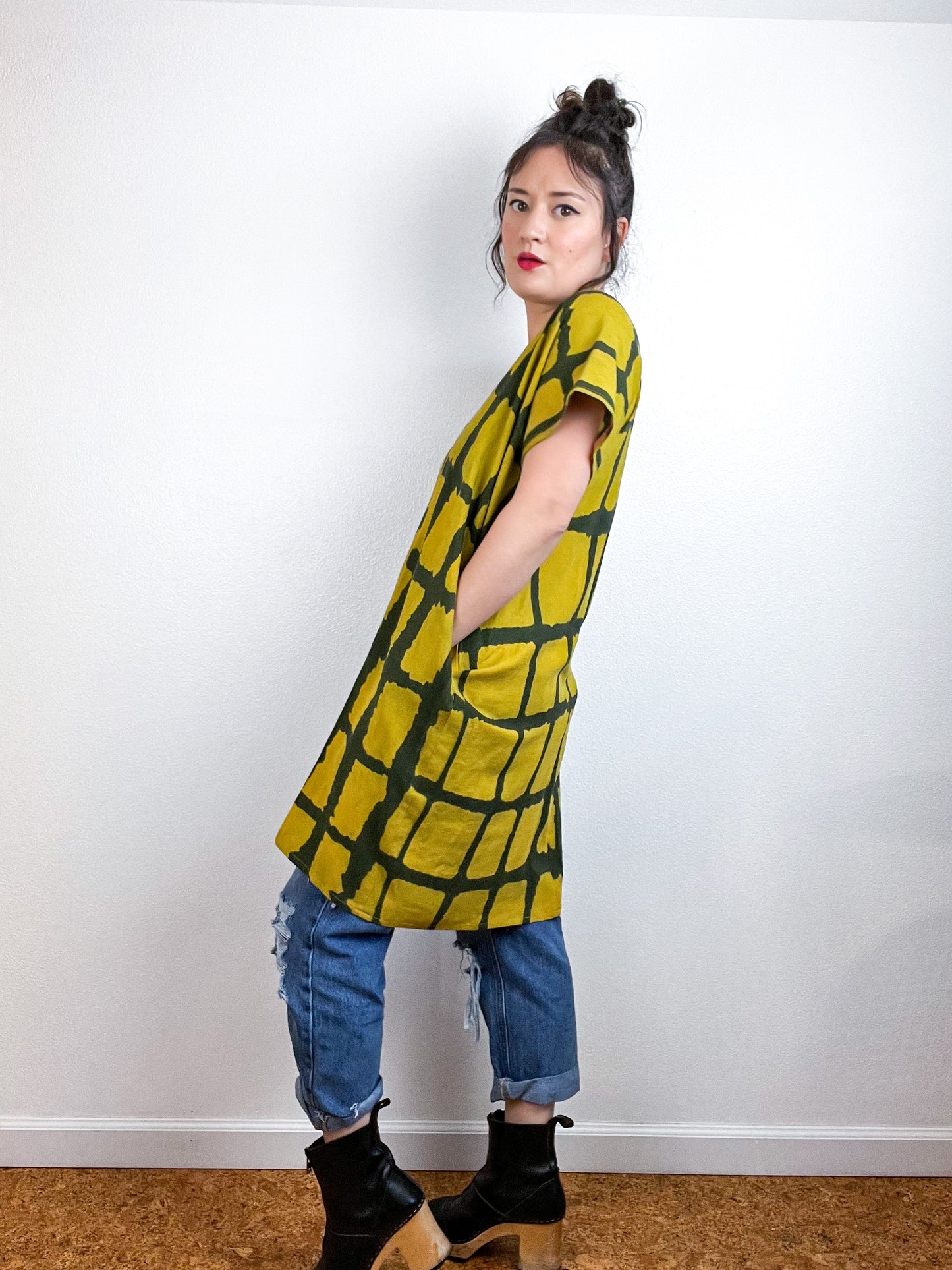 Hand-Dyed Mini Smock Dress Marigold Black Windowpane