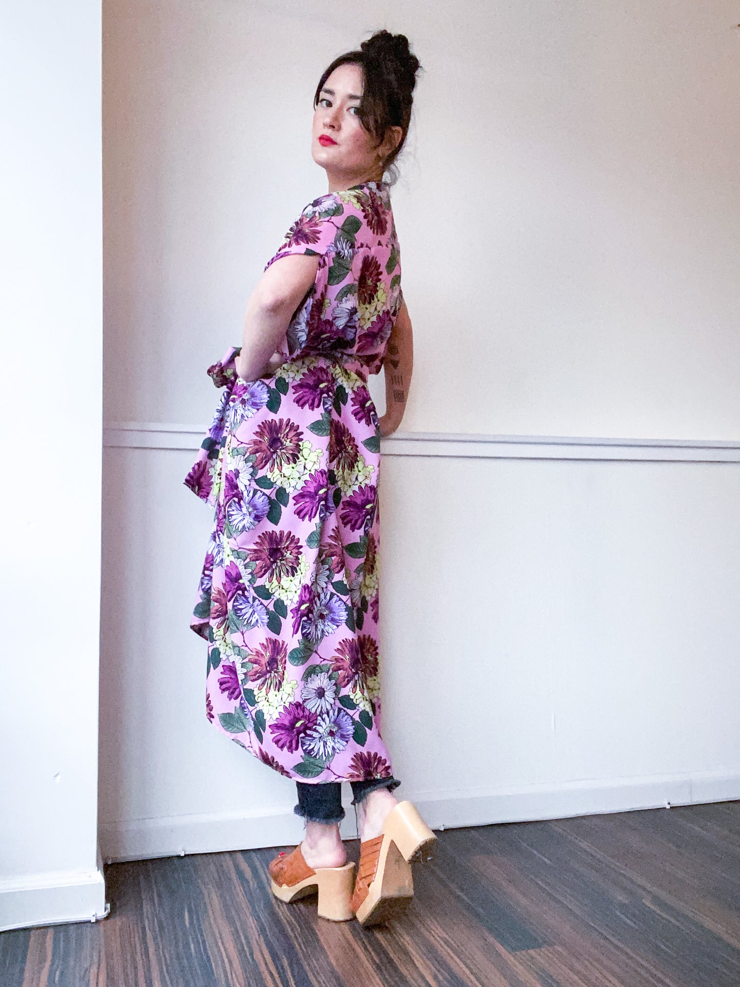 Print High Low Kimono Pink Daisy Floral