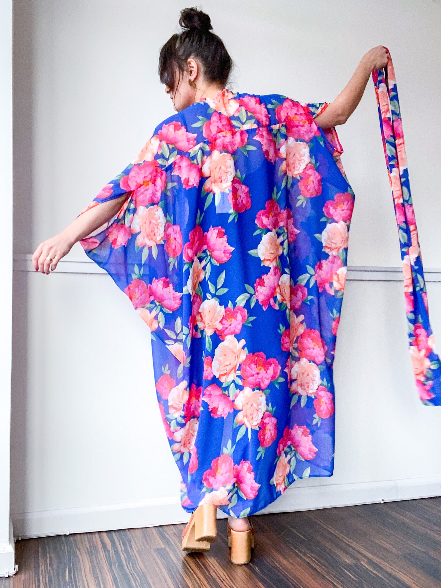 Print High Low Kimono Royal Peonies