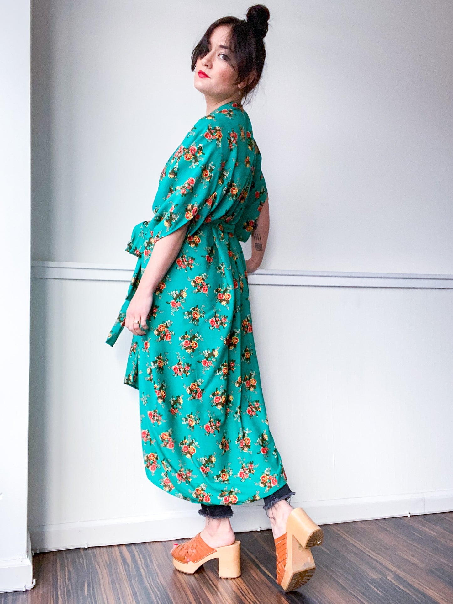 Print High Low Kimono Emerald Floral