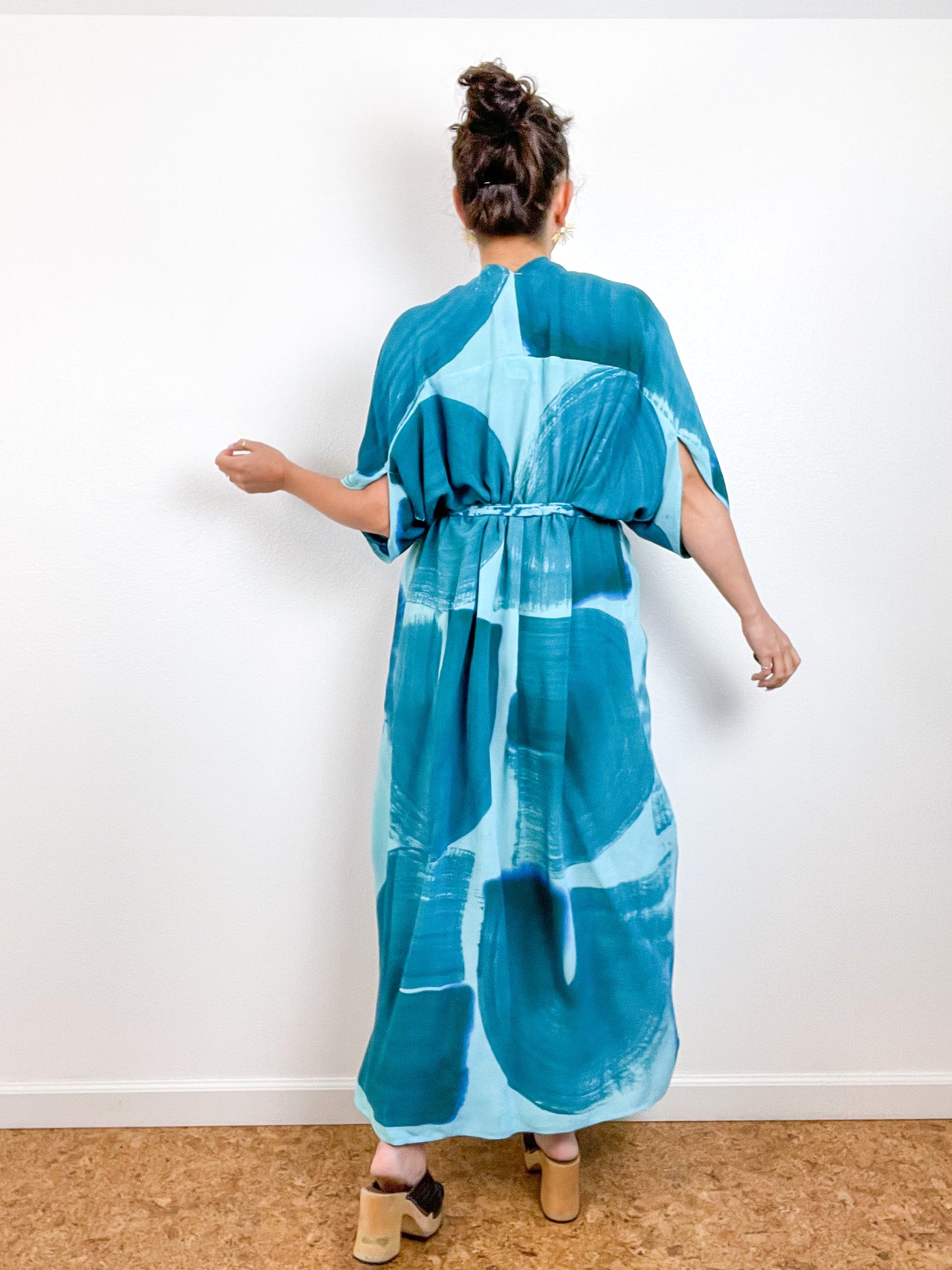 Hand-Dyed High Low Kimono Aqua Teal Brushstroke