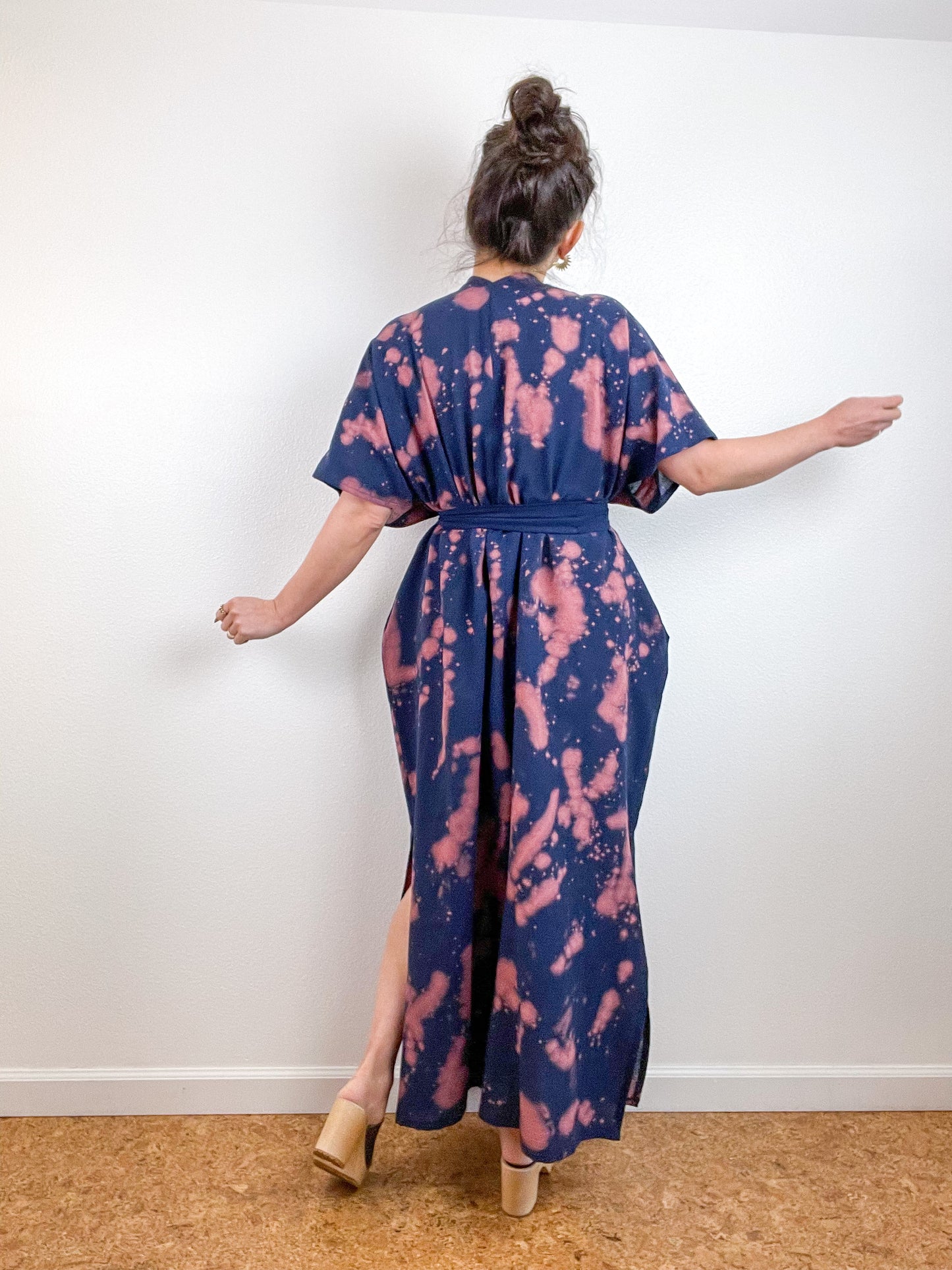 Single Gauze Duster Kimono Navy Peach Speckle