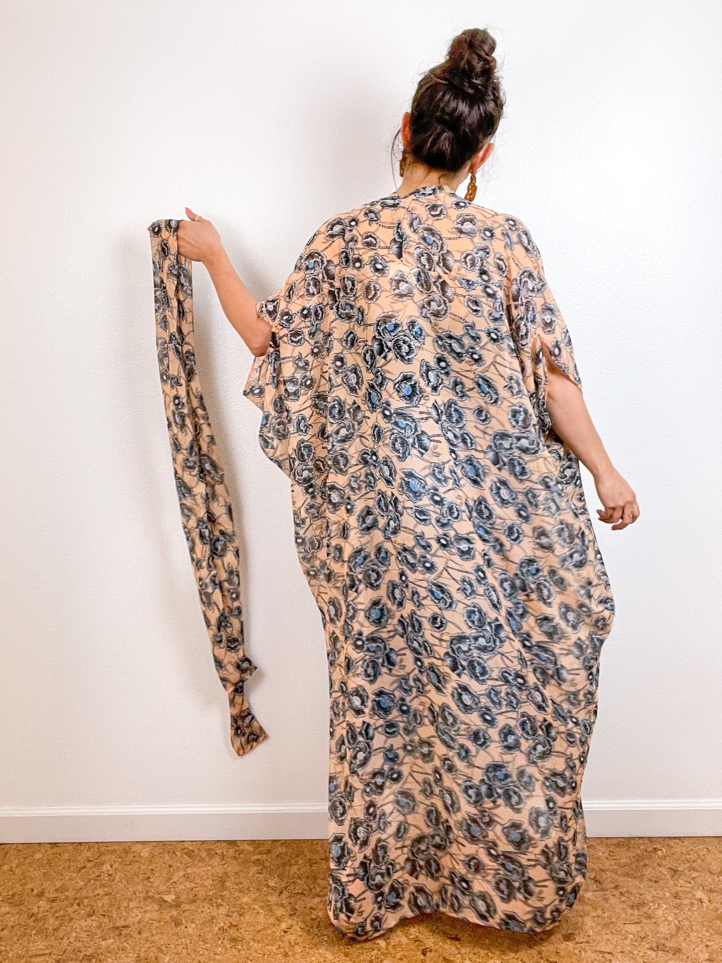 Print High Low Kimono Peach Poppy Floral Chiffon