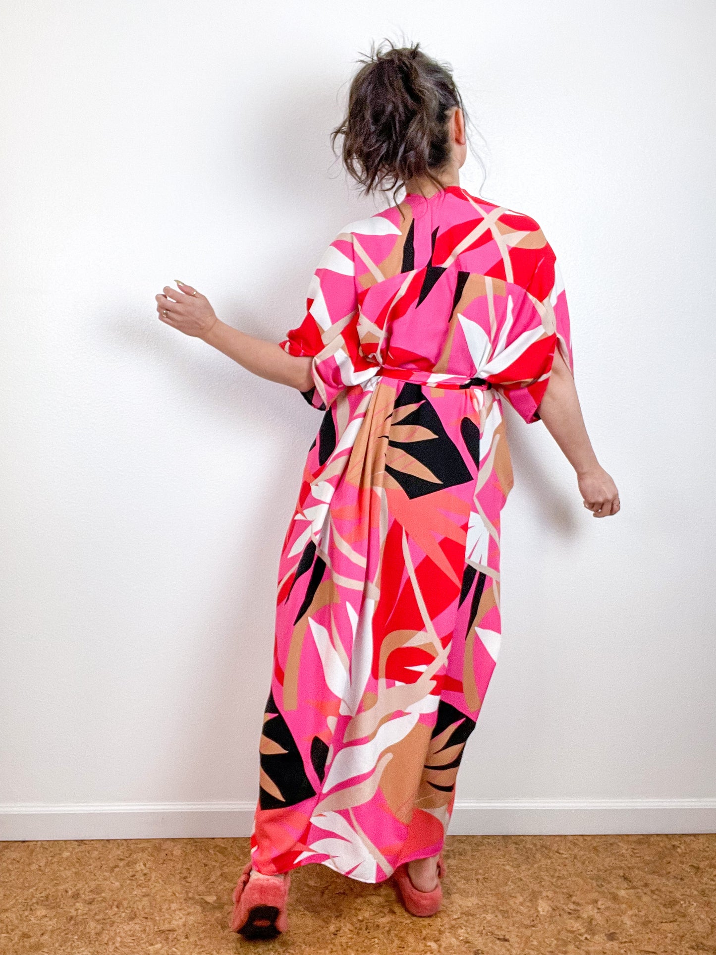 High Low Kimono Pink Red Palms Rayon Challis
