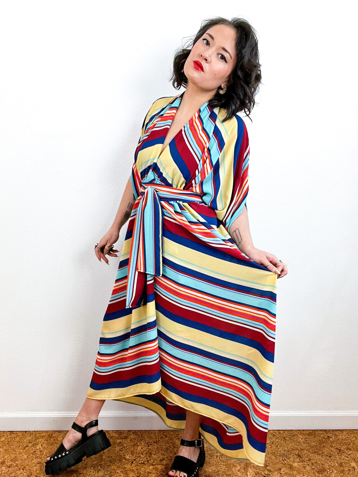Print High Low Kimono Aqua Orange Yellow Stripe Bubble Crepe