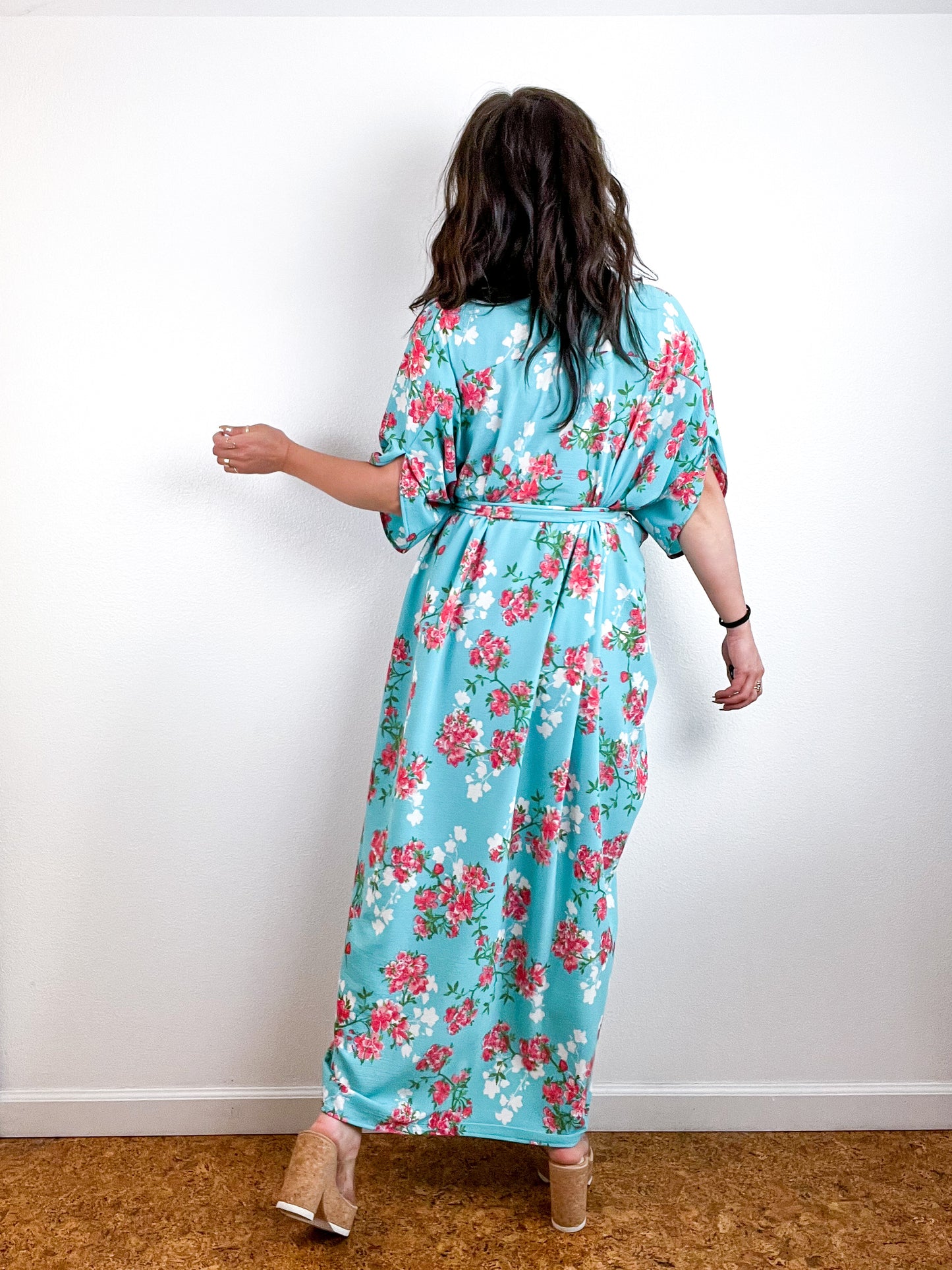 Print High Low Kimono Turquoise Floral Bubble Crepe