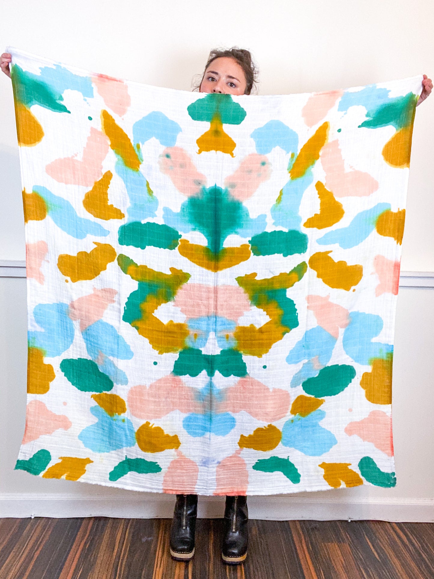 Hand-Dyed Large Square Scarf Blue Kingfisher Marigold Coral Sky