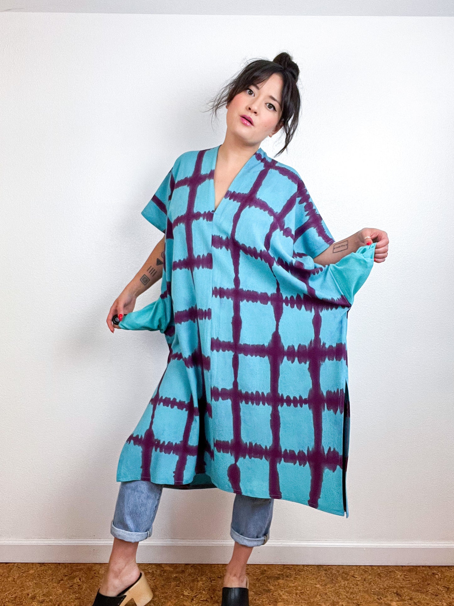Hand-Dyed Midi Smock Dress Turquoise Maroon Windowpane