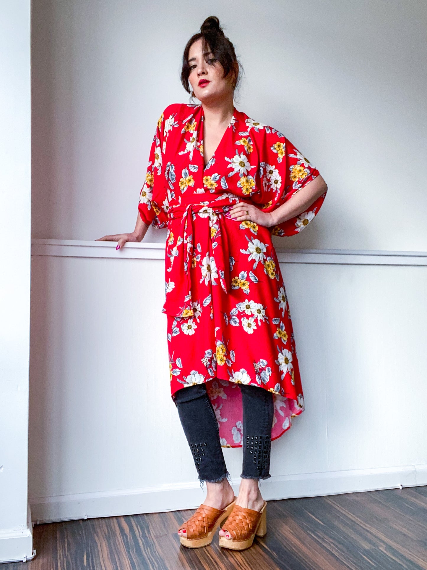 Print High Low Kimono Red Yellow Floral