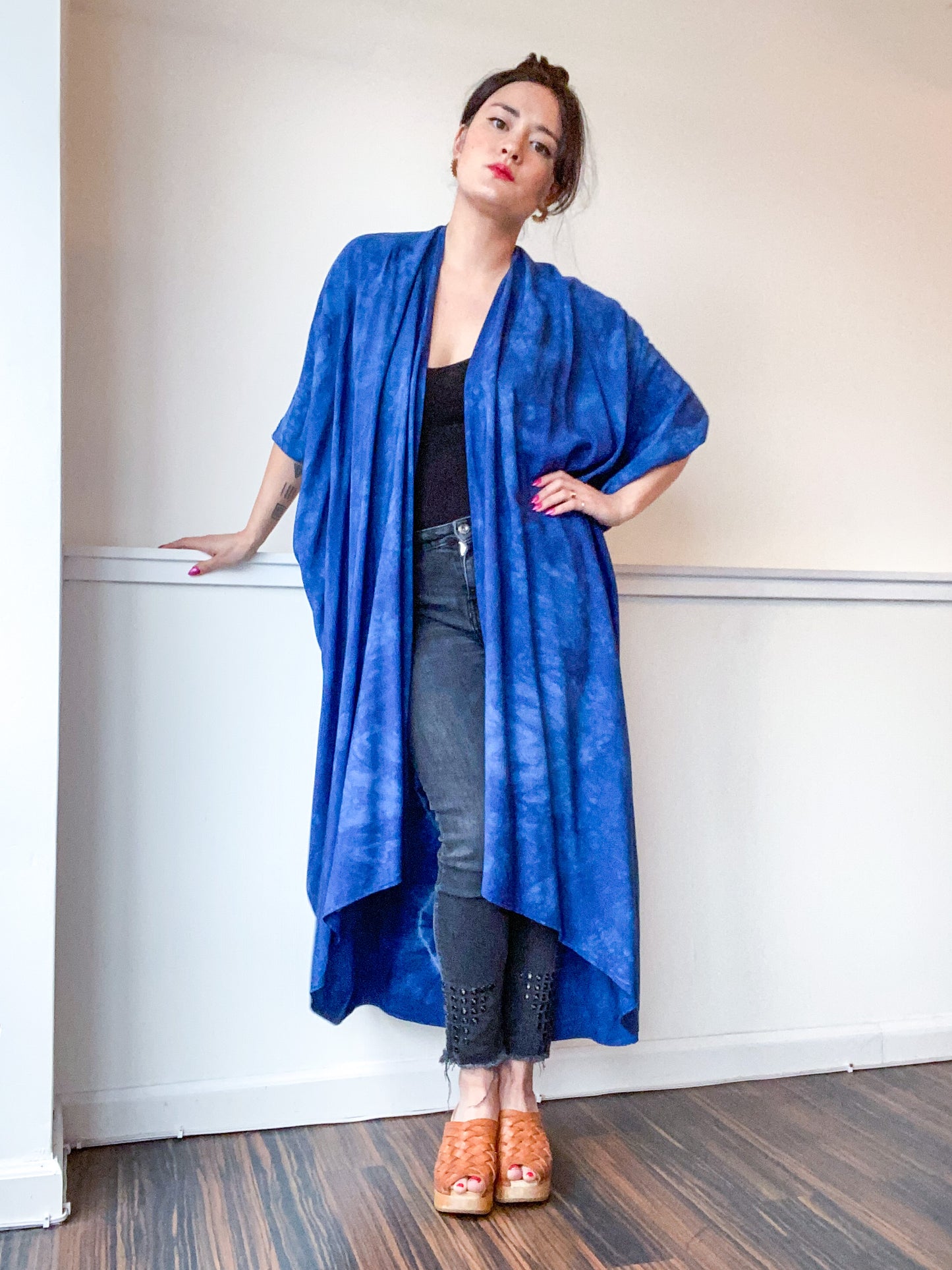 Hand-Dyed High Low Kimono Indigo Circles