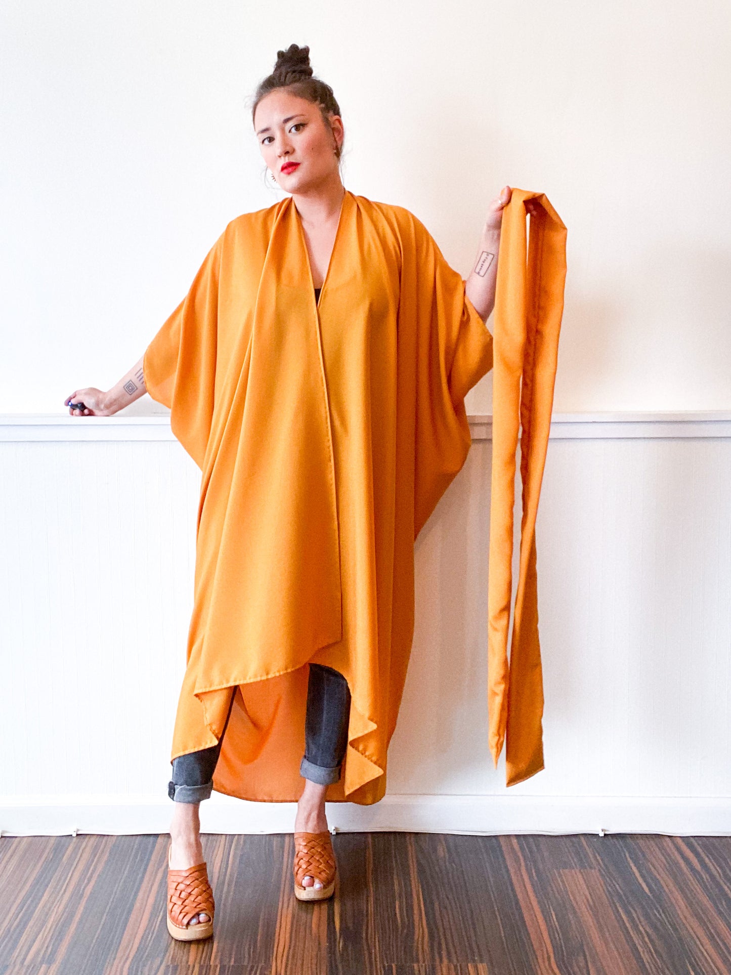 Print High Low Kimono Solid Marigold Crepe de Chine