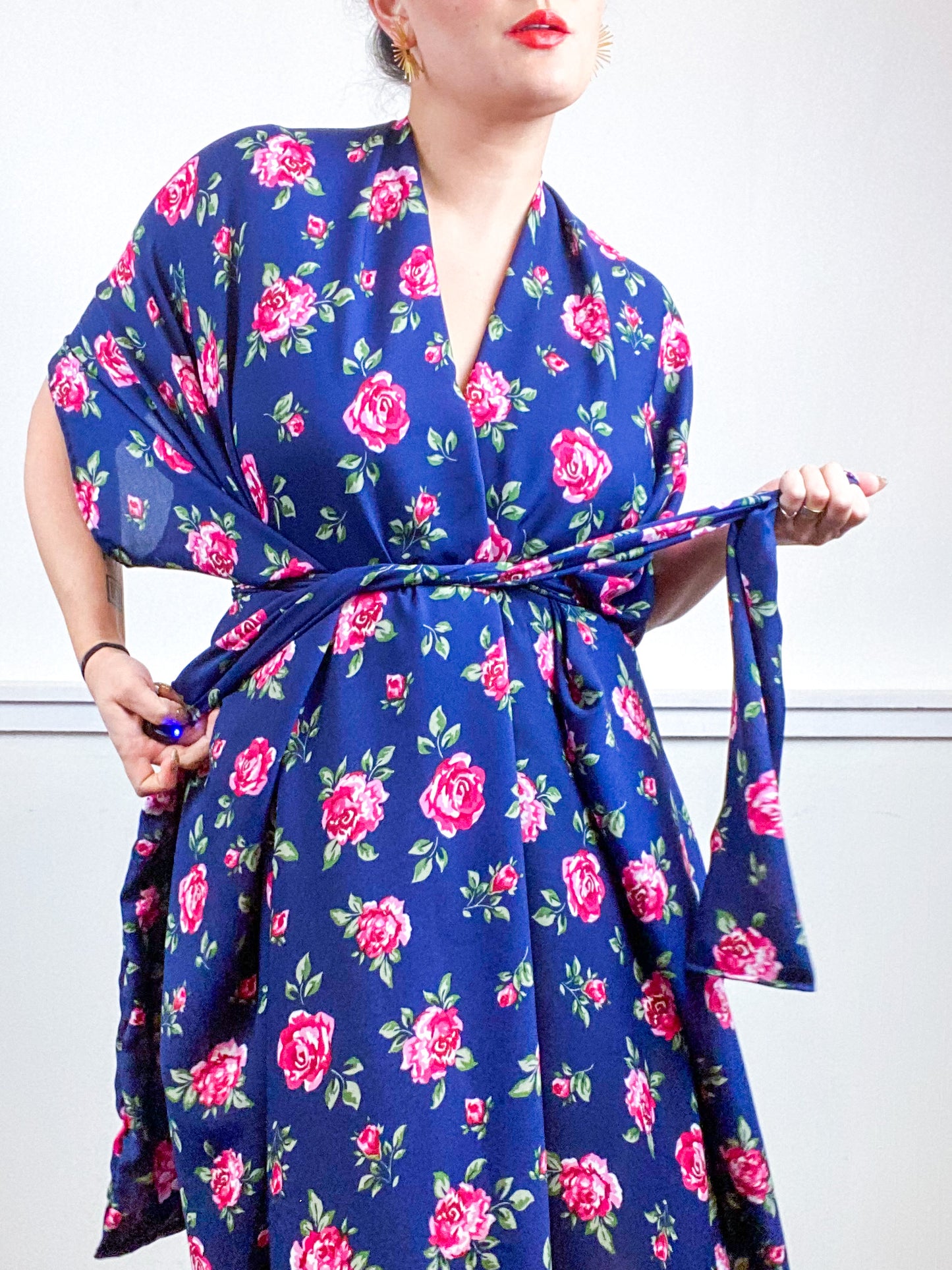 Print High Low Kimono Navy Pink Rose Satin