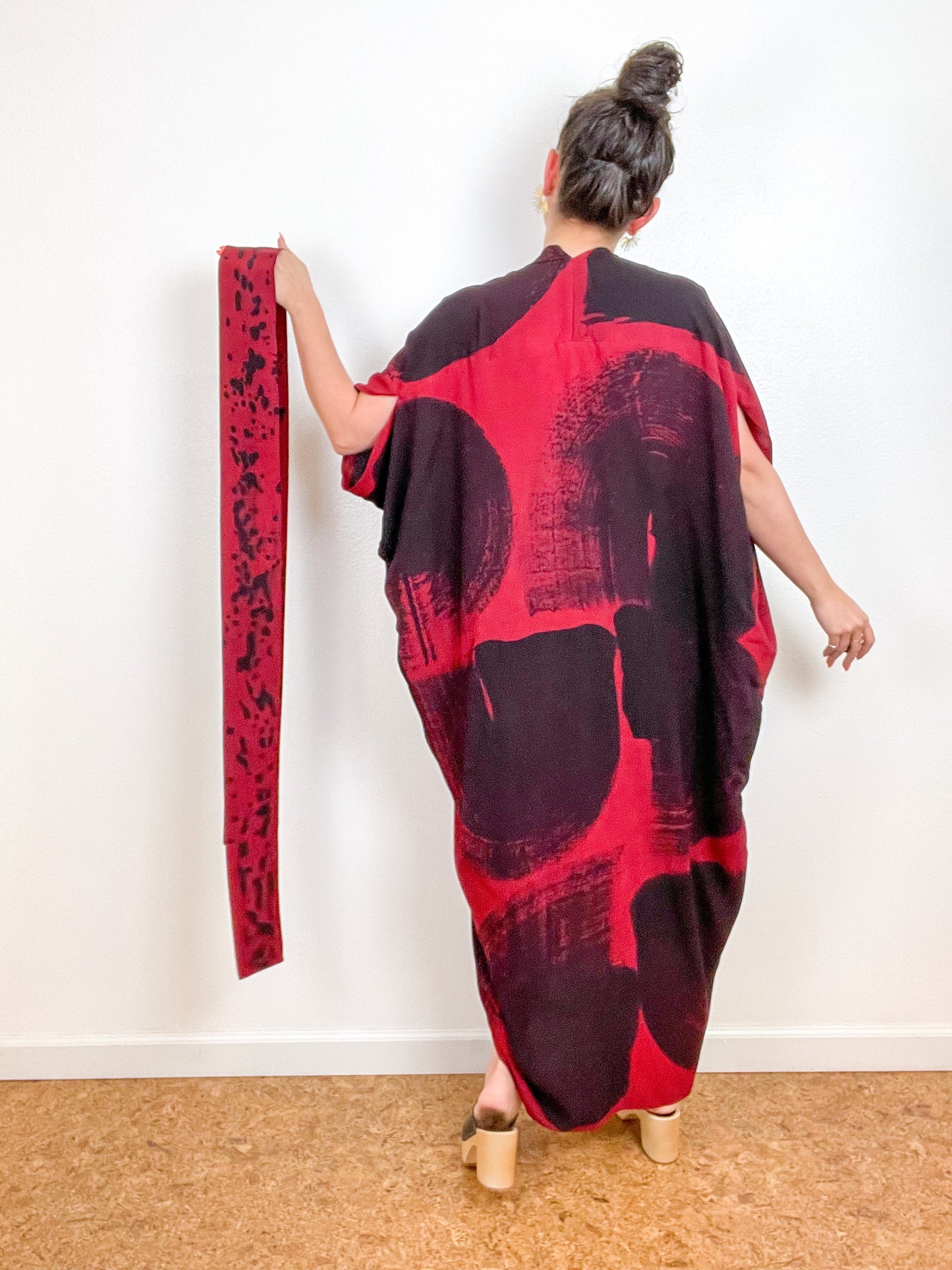 Hand-Dyed High Low Kimono Crimson Black Brushstroke