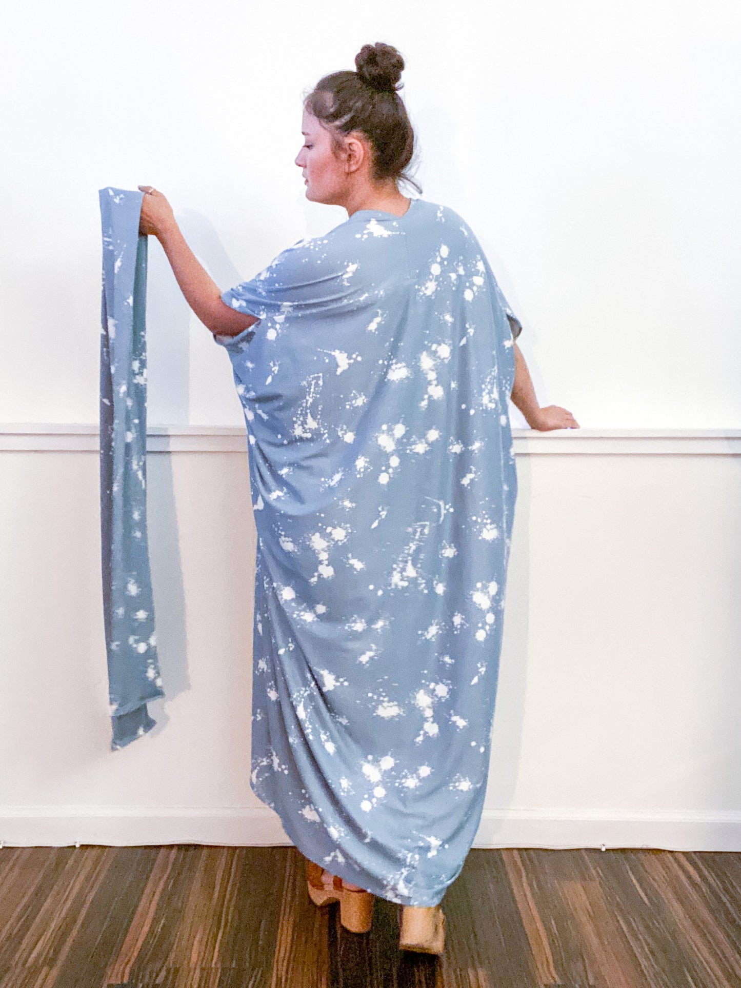 Print High Low Kimono Blue Grey Drops Knit