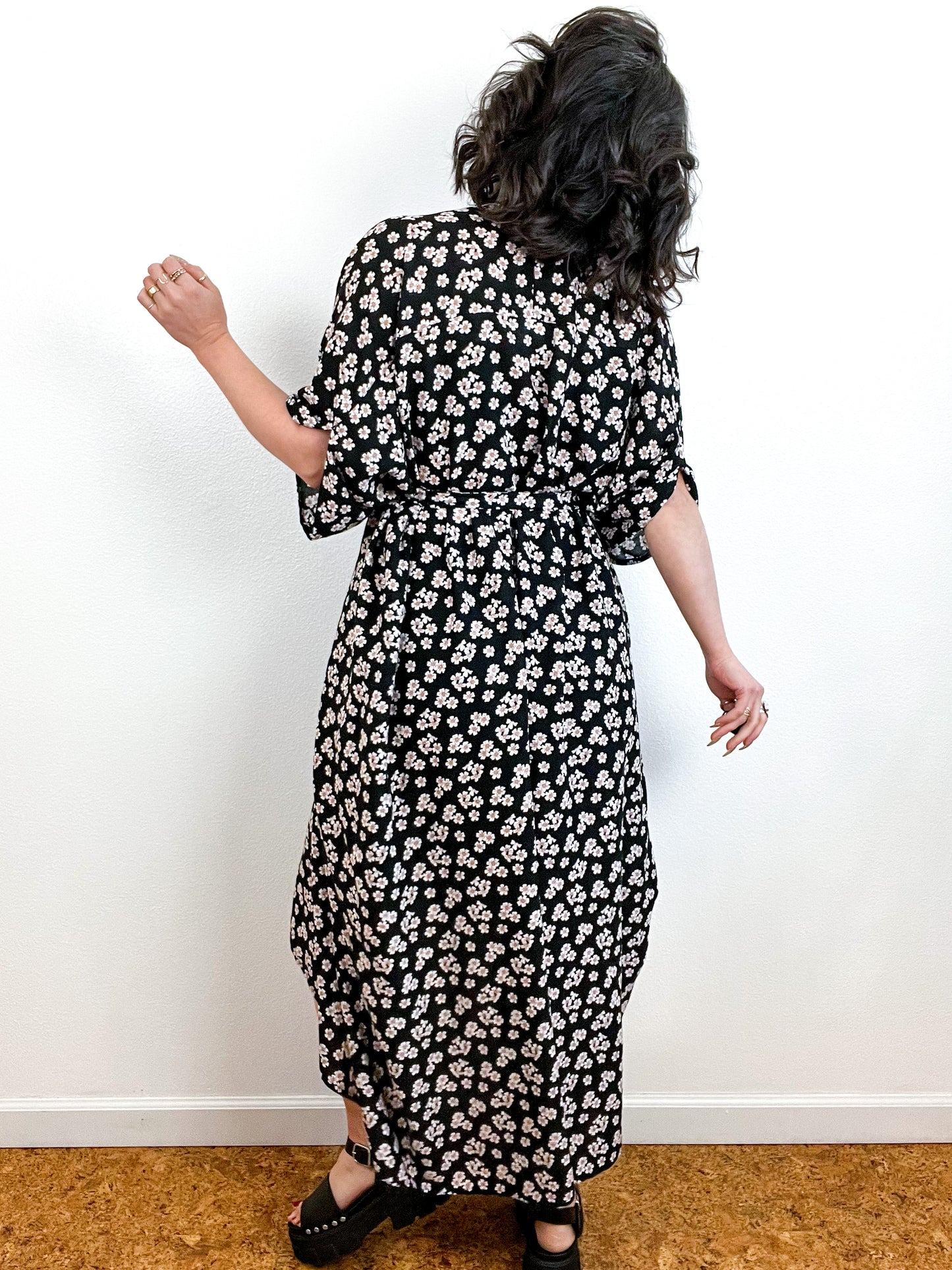 Print High Low Kimono Black Cherry Blossom Crinkle Challis