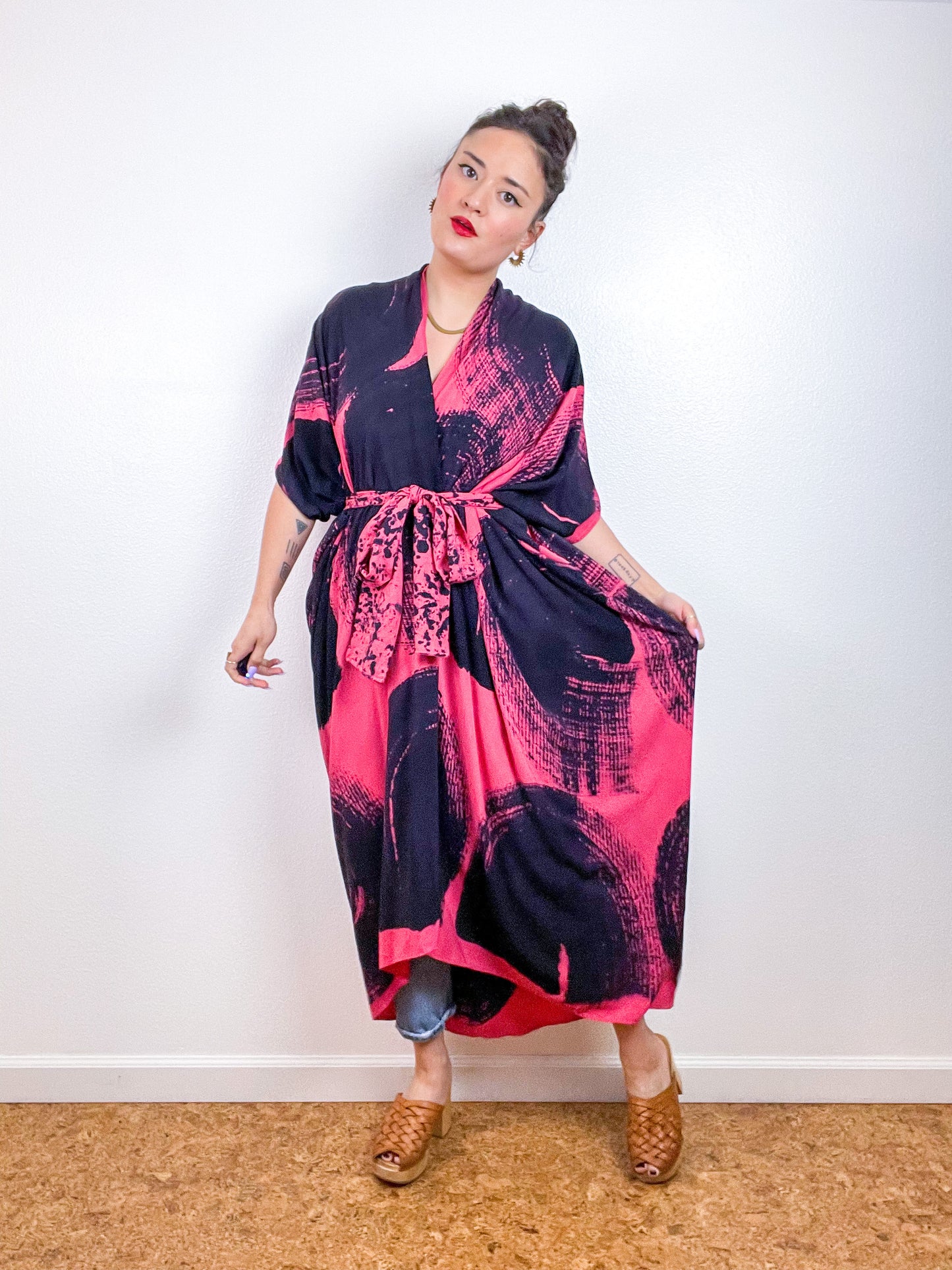 Hand-Dyed High Low Kimono Coral Black Brushstroke