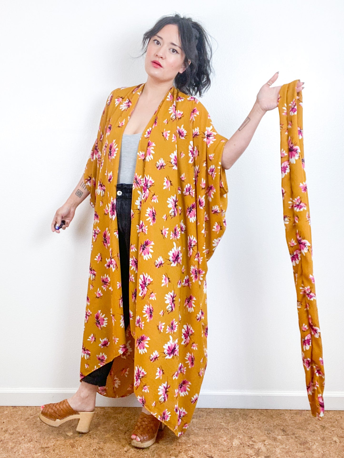 Print High Low Kimono Golden Floral Crepe