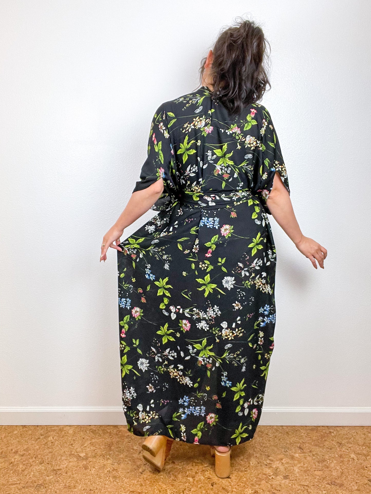 Print High Low Kimono Black Wildflower Crinkle Gauze