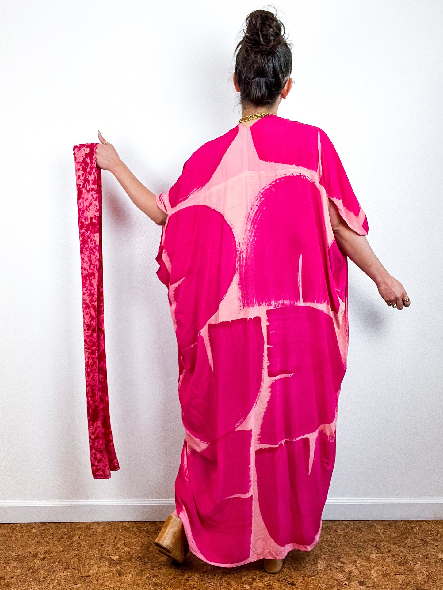 Hand-Dyed High Low Kimono Peach Fuchsia Brushstroke