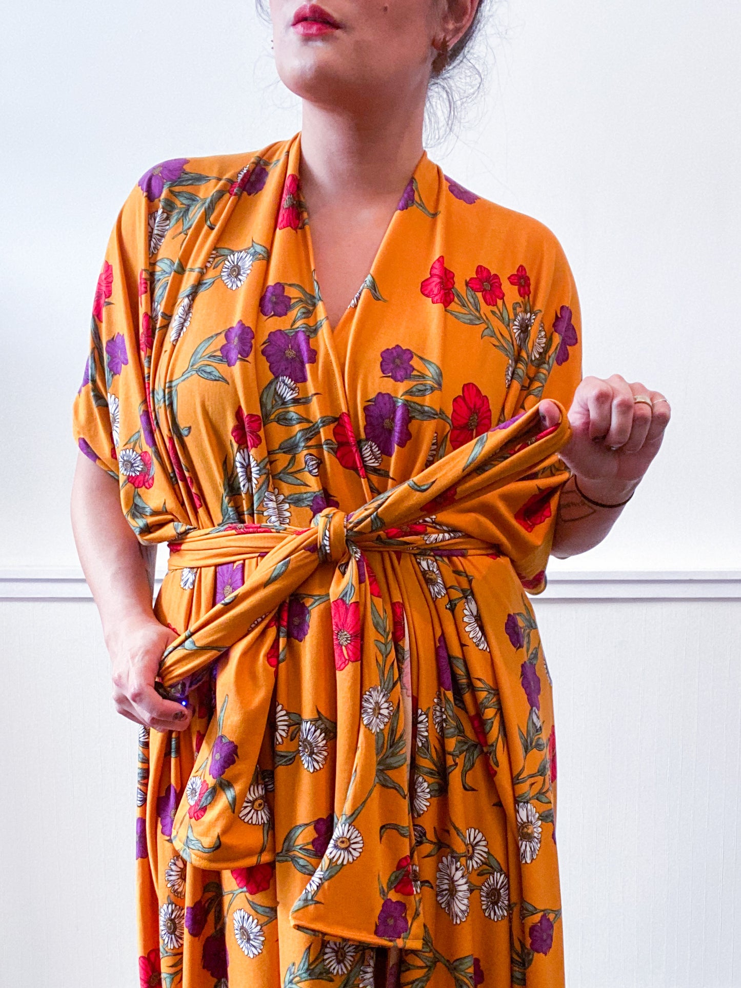 Print High Low Kimono Marigold Floral Knit