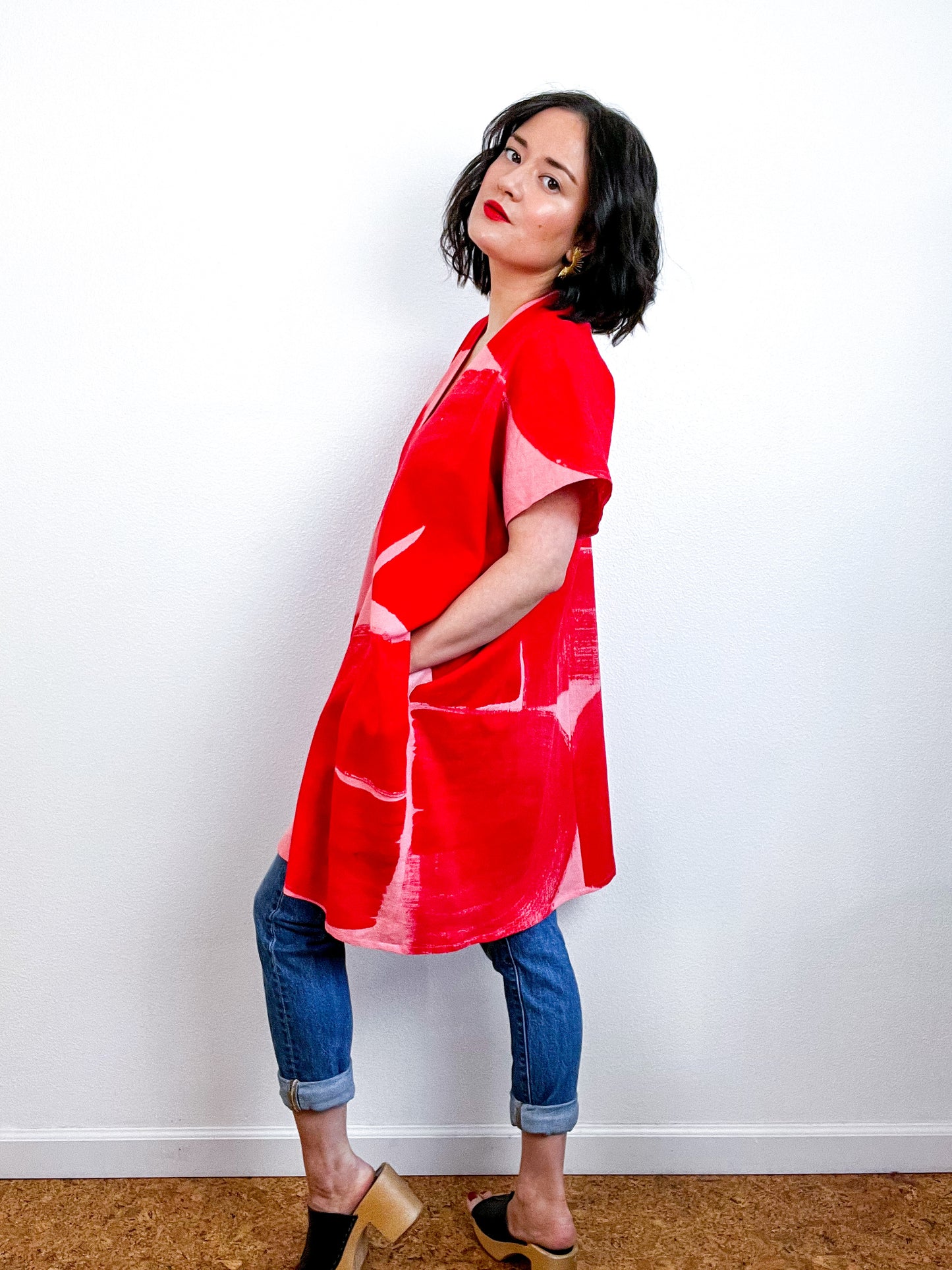 Hand-Dyed Mini Smock Dress Coral Scarlet Brush