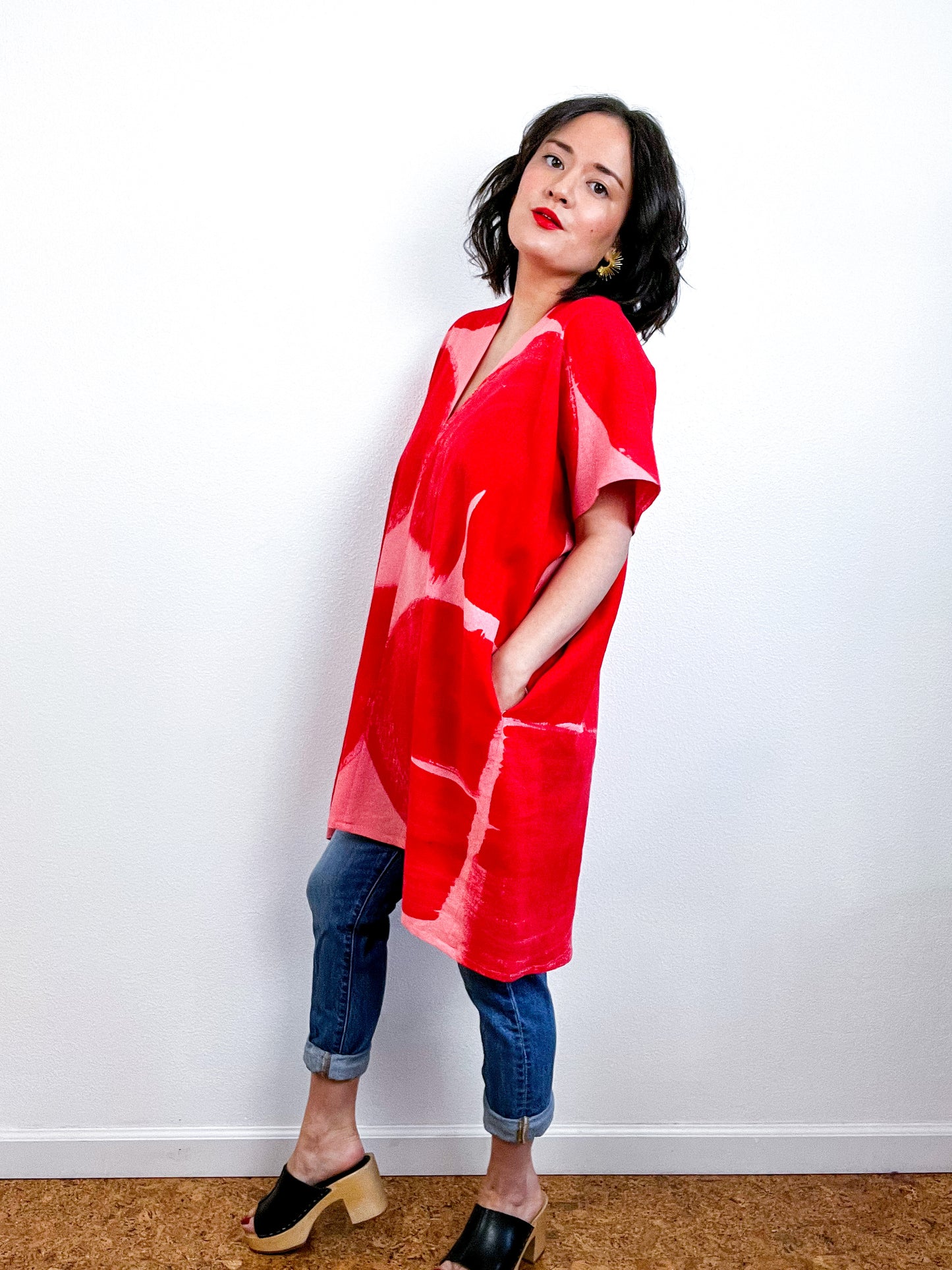 Hand-Dyed Mini Smock Dress Coral Scarlet Brush
