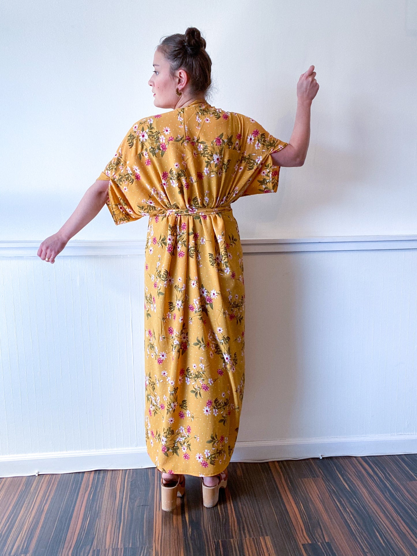 High Low Kimono Mustard Mini Floral Bubble Crepe