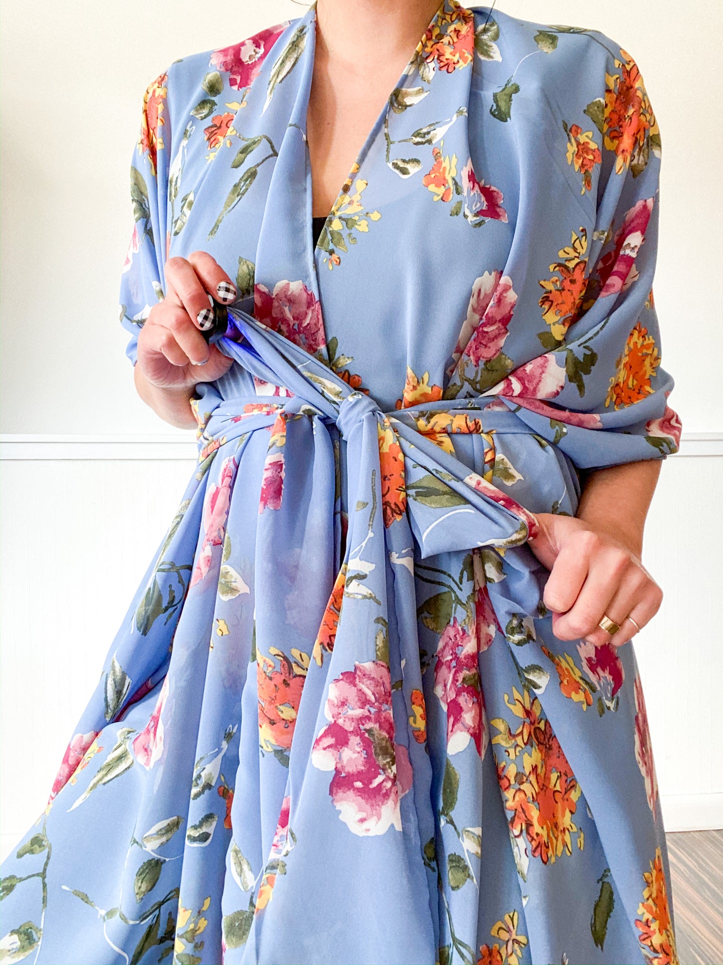 Print High Low Kimono Powder Blue Roses Chiffon