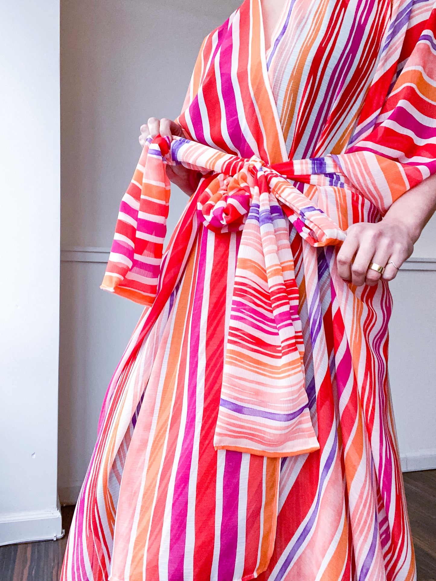 Print High Low Kimono Stripes Chiffon