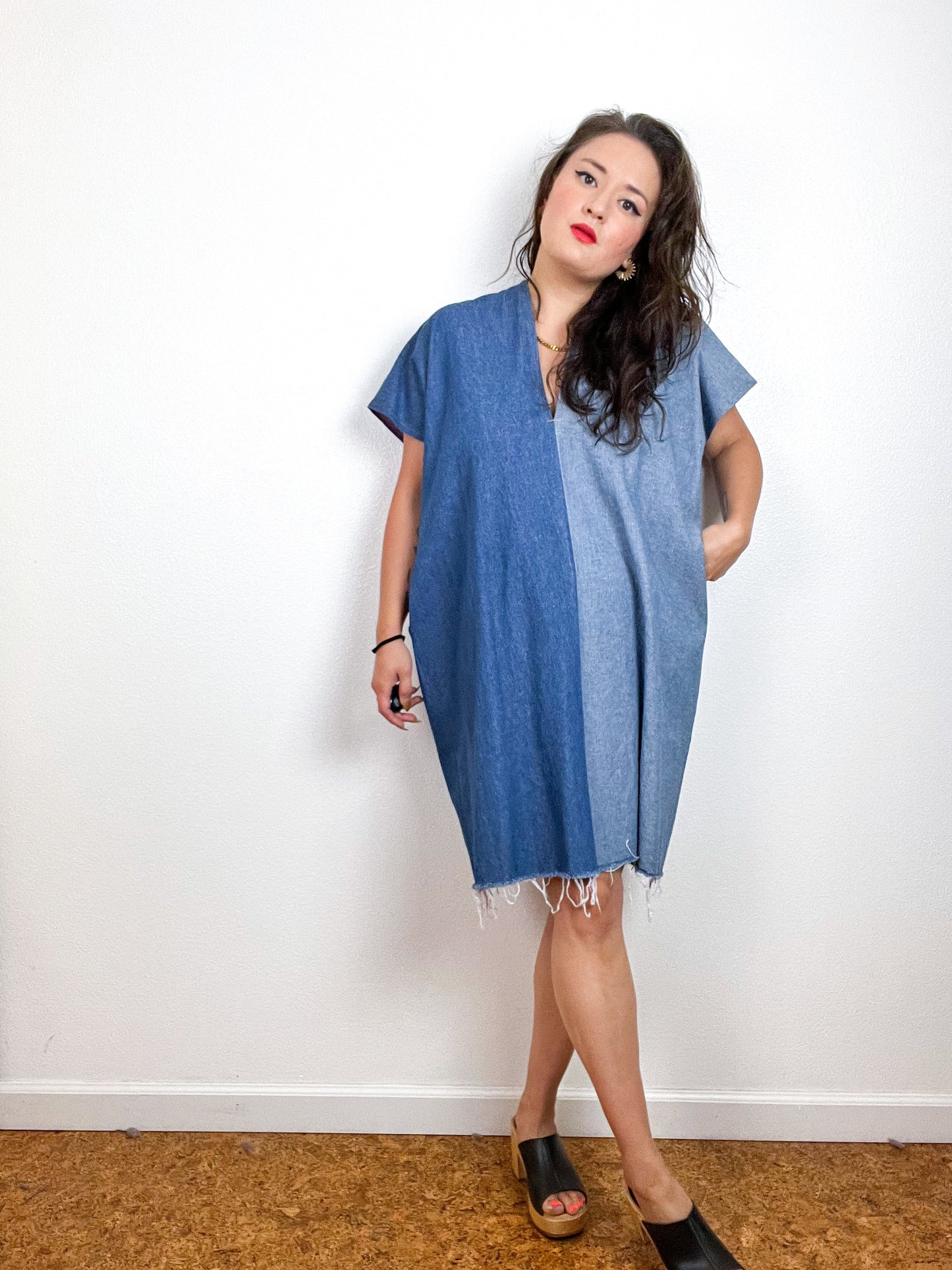 Denim Mini Smock Dress Two Tone