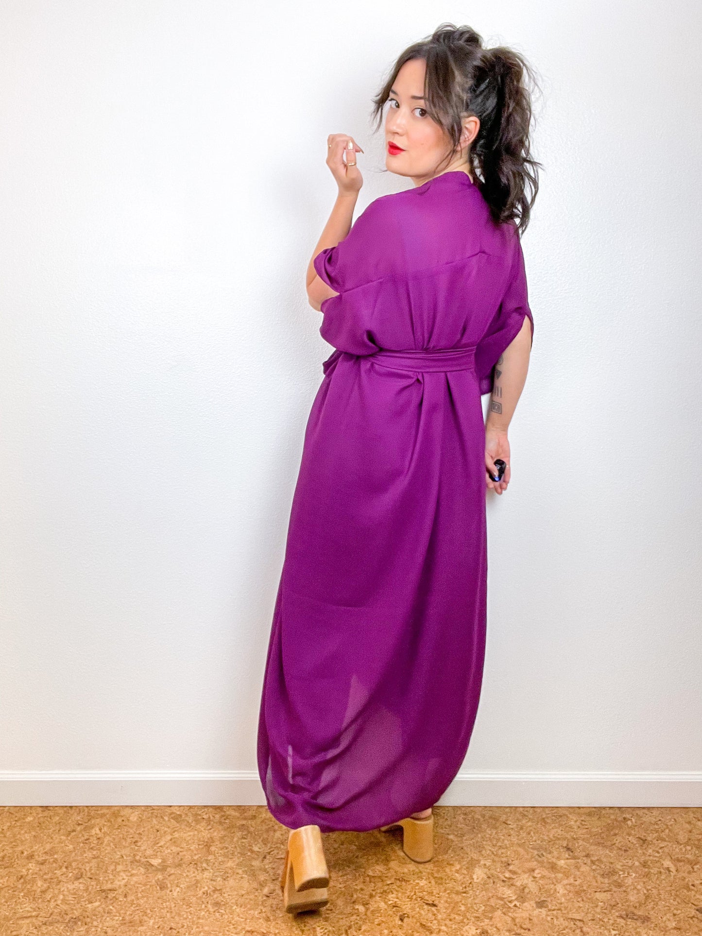 Solid High Low Kimono Plum Georgette