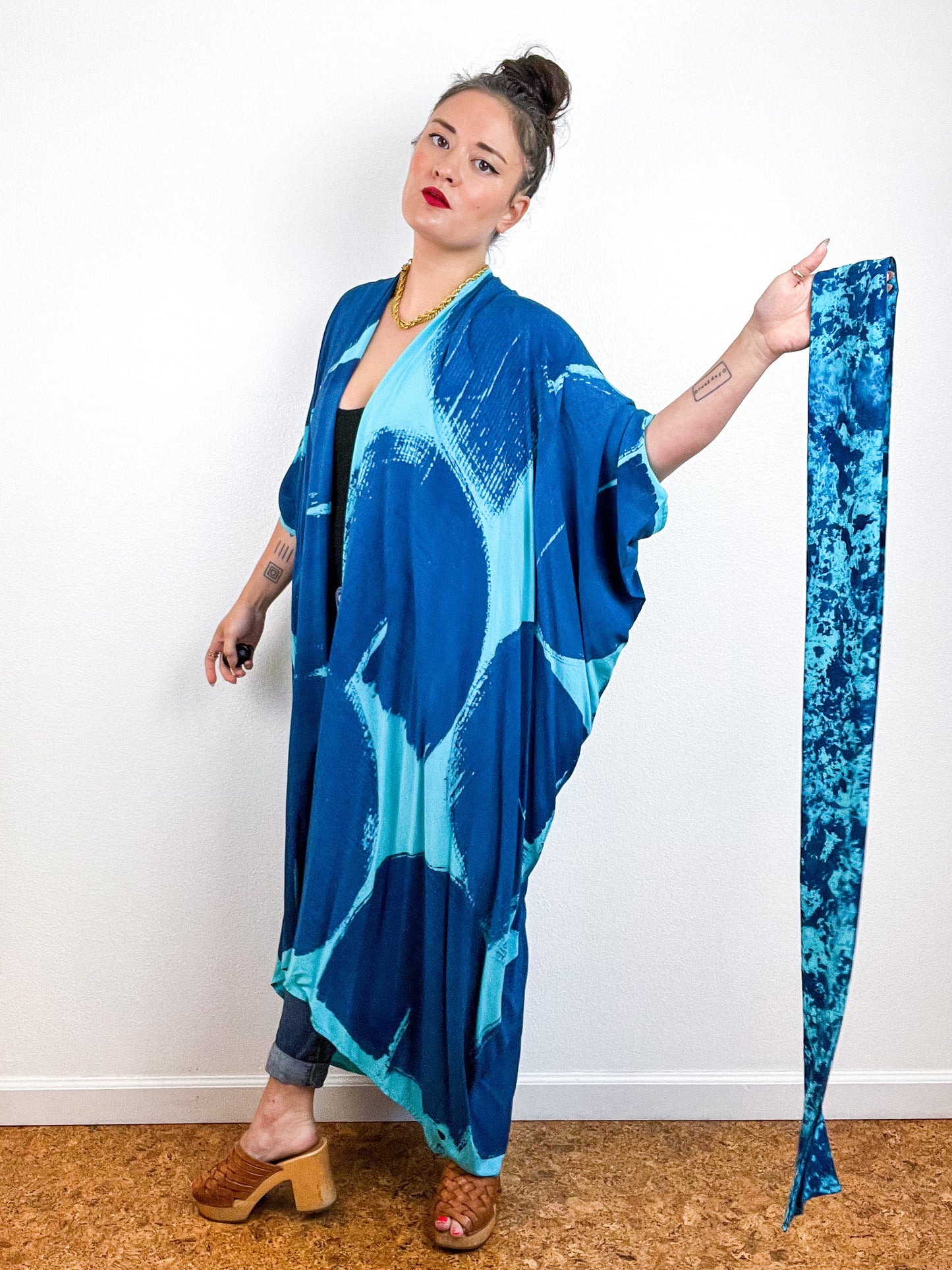 Hand-Dyed High Low Kimono Aqua Indigo Brushstroke